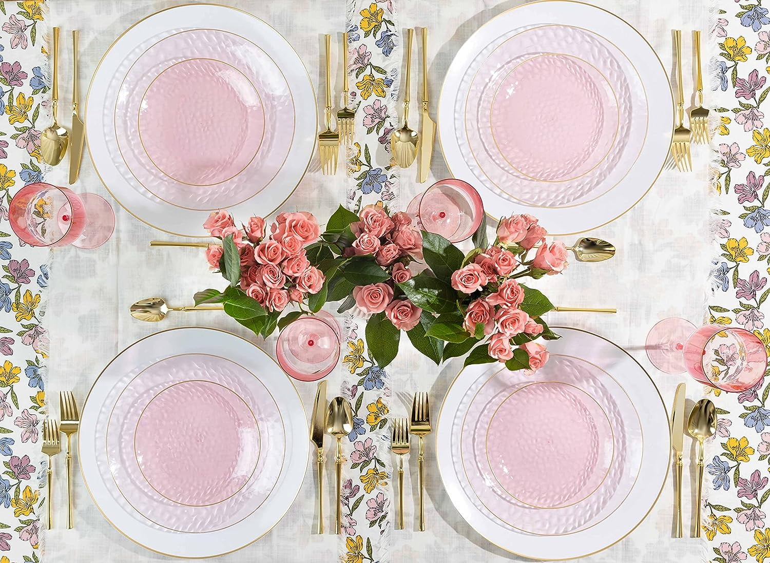 PLASTICPRO 64-piece Pink Hammered Plastic Plates Combo Set Disposable Elegant Plates for Party, 7'' & 10''