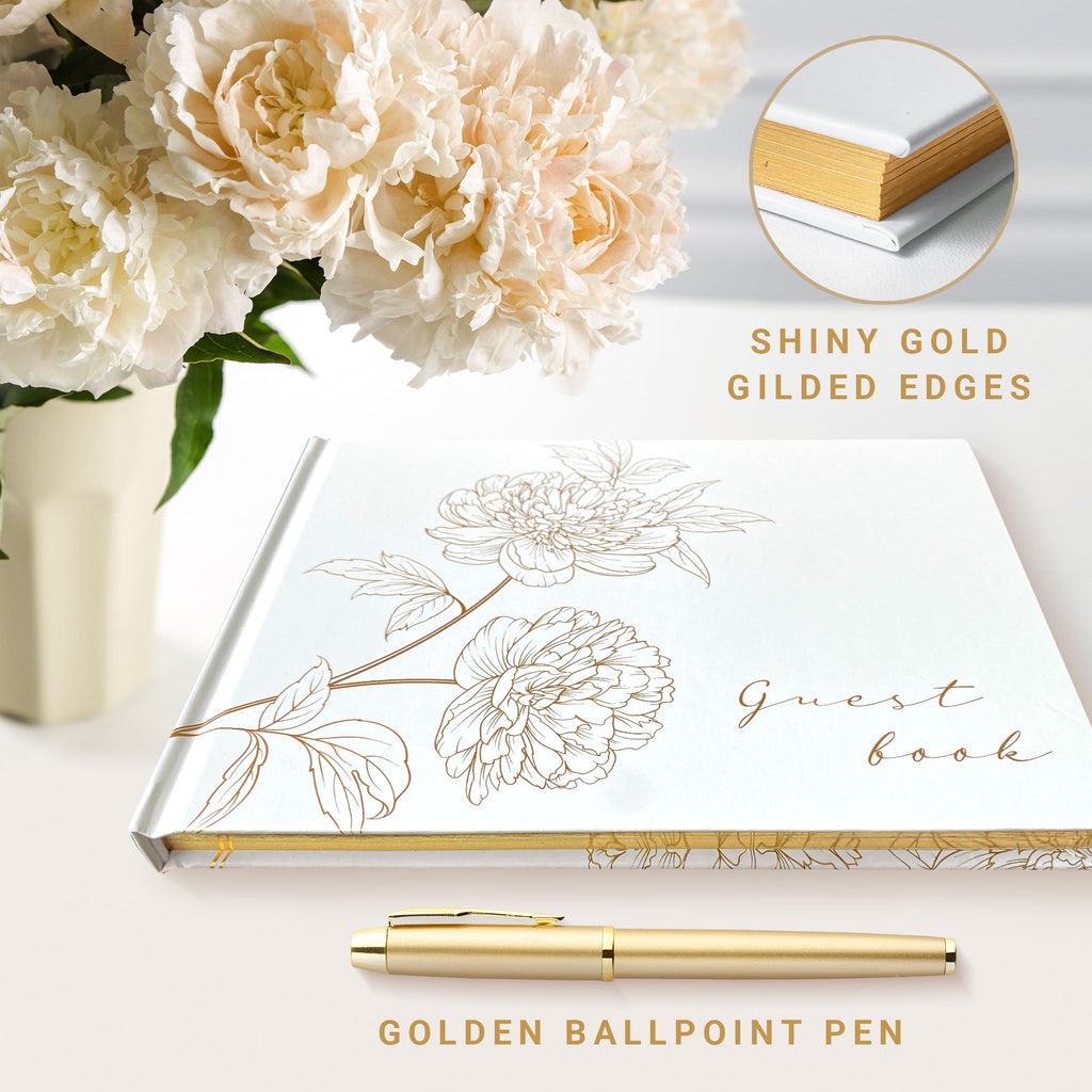 Lovely J Dragonfly Gold Stamped Floral Wedding Guest Book with Pen