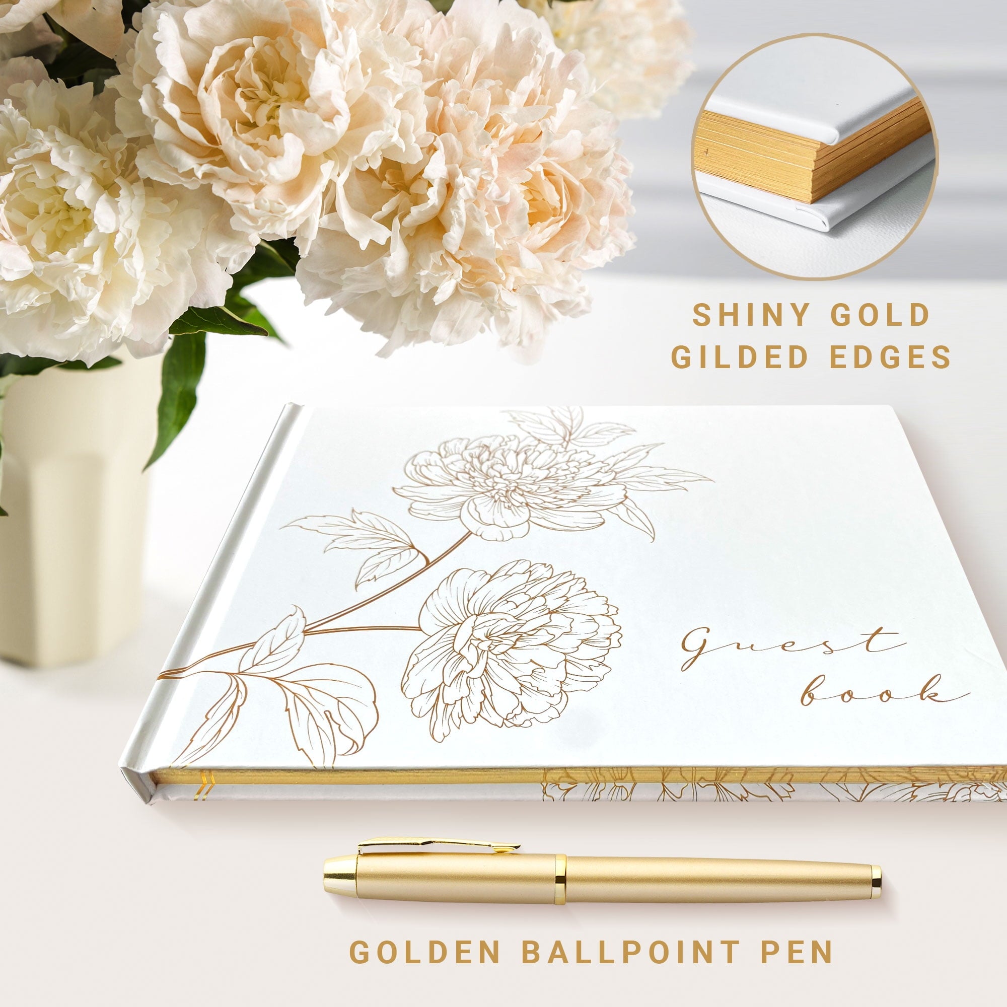 Lovely J Dragonfly Gold Stamped Floral Wedding Guest Book with Pen