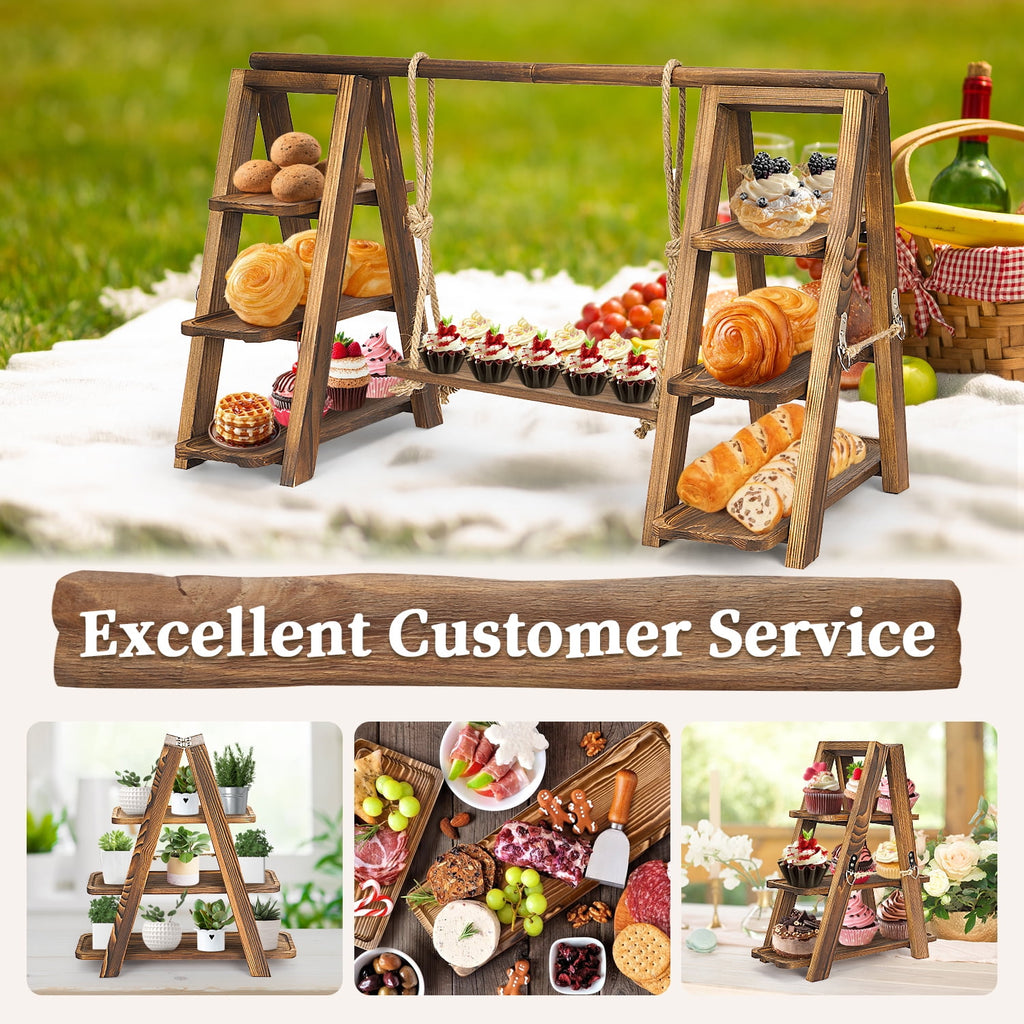 Ymokee Double 3 Tier Serving Tray, Wooden Cupcake Stand with Serving Platter, Dessert Table Display Set for Party Home Decor, Foldable