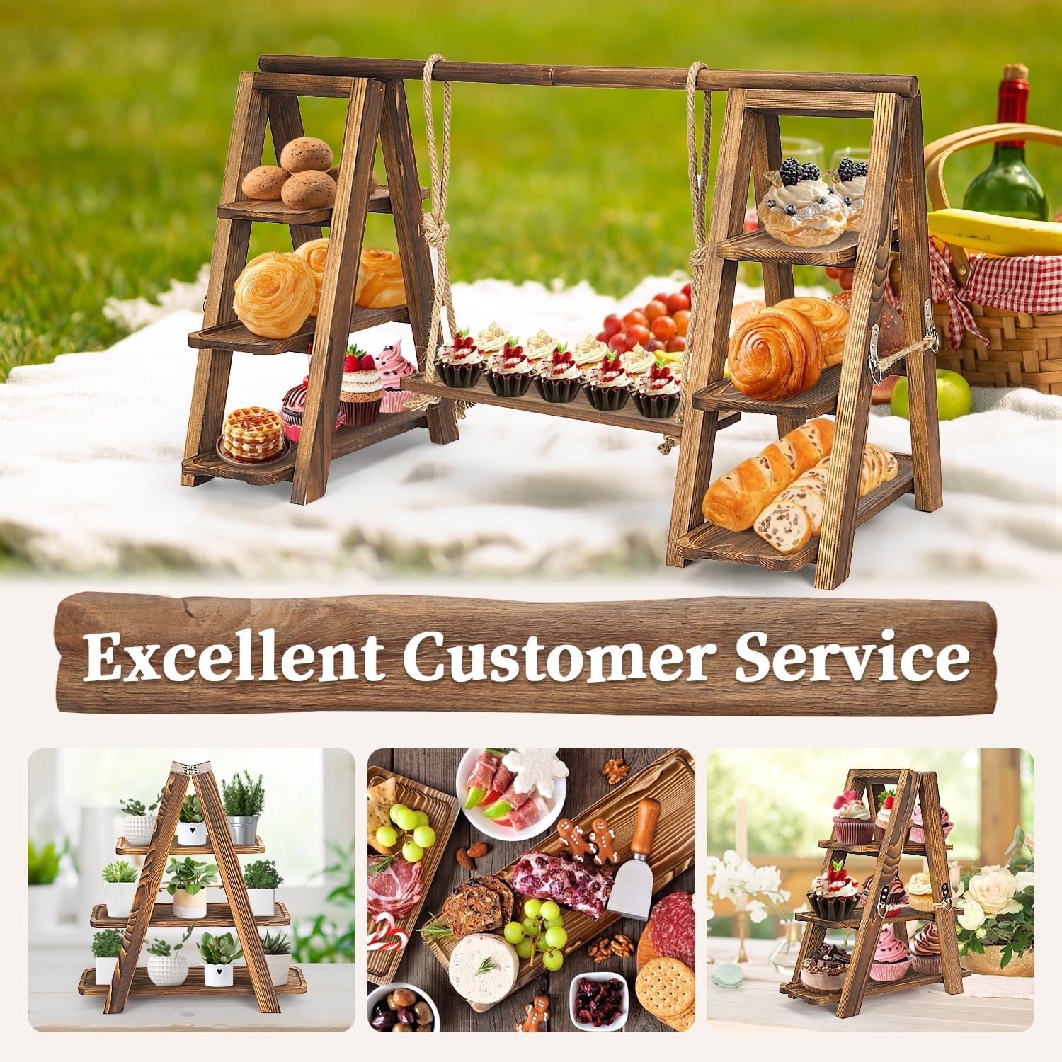 Ymokee Double 3 Tier Serving Tray, Wooden Cupcake Stand with Serving Platter, Dessert Table Display Set for Party Home Decor, Foldable