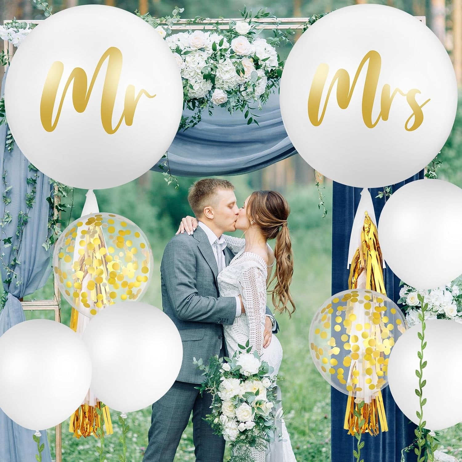 Zaoz 15 Pcs Giant Wedding Balloons Kit 36 Inch Jumbo White Balloons Mr. Mrs. Balloons with Paper Tassel 24 Inch White Large Balloons with 65ft Leaf Ribbon for Wedding Engagement A418