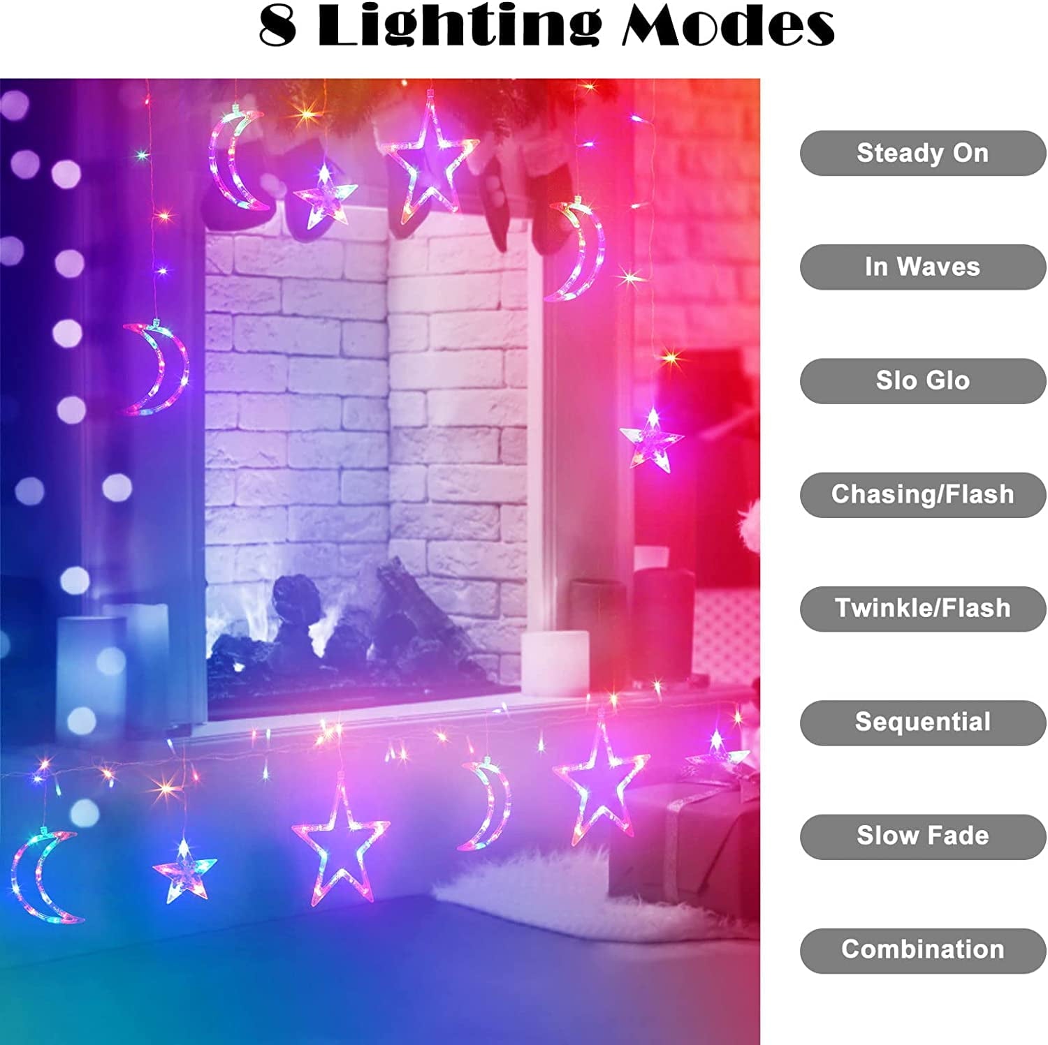Solar Star Moon String Lights, 11.5 FT 138 LEDs with 8 Lighting Modes and Remote Control, Multicolor
