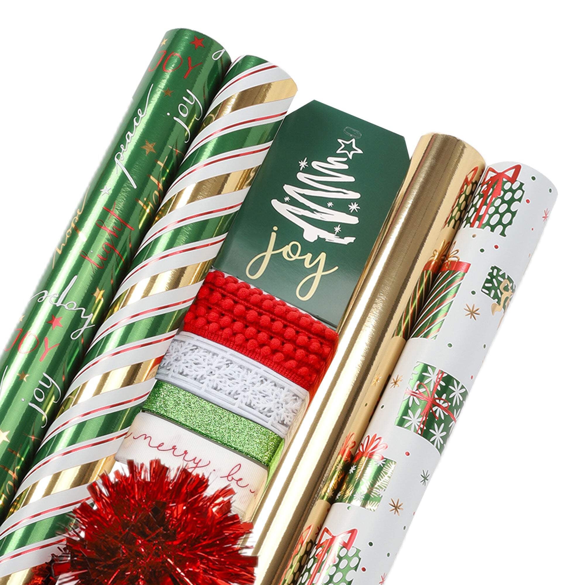 LaRibbons 30" x 10' Christmas Holiday Gift Wrap Deluxe Kit, Stripe Green