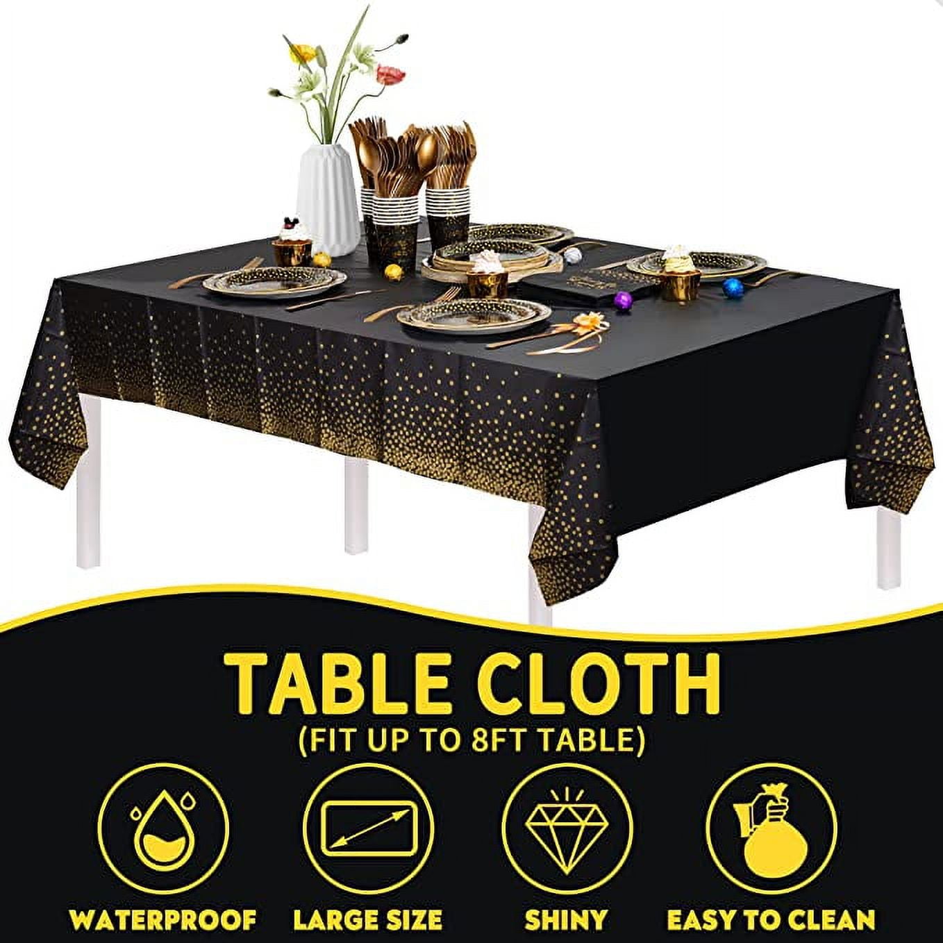 50th Birthday Party Supplies Tableware Serves 24: 9" Paper Plates 7" Plate 9 Oz Cups Napkins Forks Knives Tablecloth 50th Birthday Black & Gold Dot Themed Disposable Dinnerware