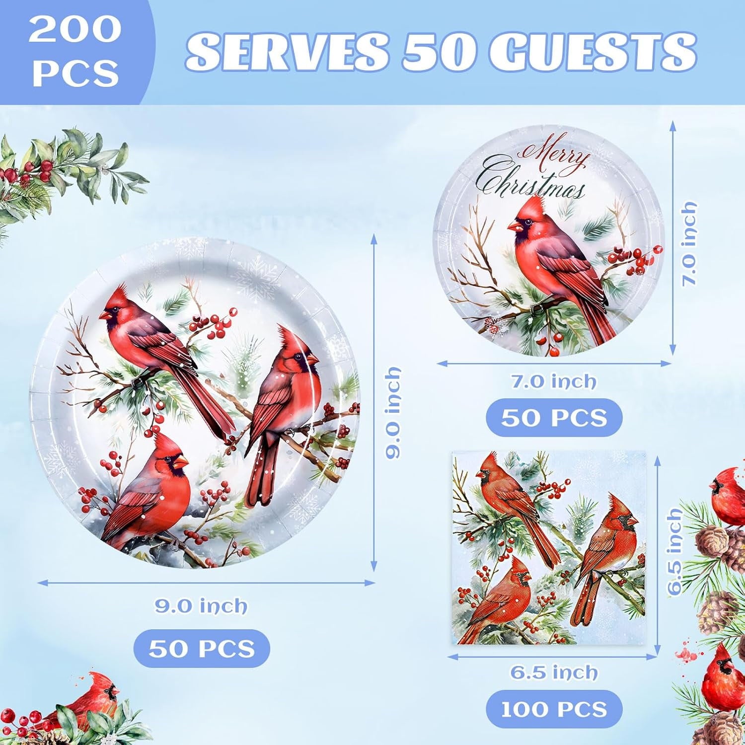 Waipfaru 200 PCS Christmas Paper Plates and Napkins Red Cardinal Bird Party Supplies Disposable Dinnerware Set for Xmas Party