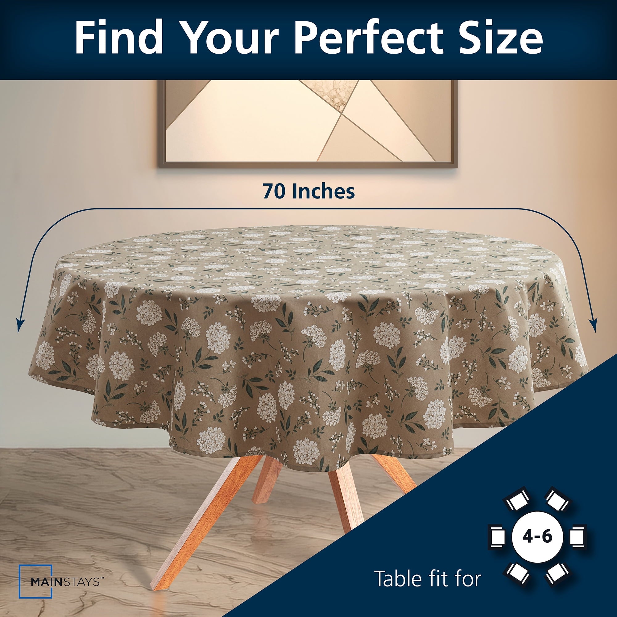 (3 pack) Mainstays Farmhouse Tablecloth Summer Floral Brown Fabric, 70" Round, Hydrangea