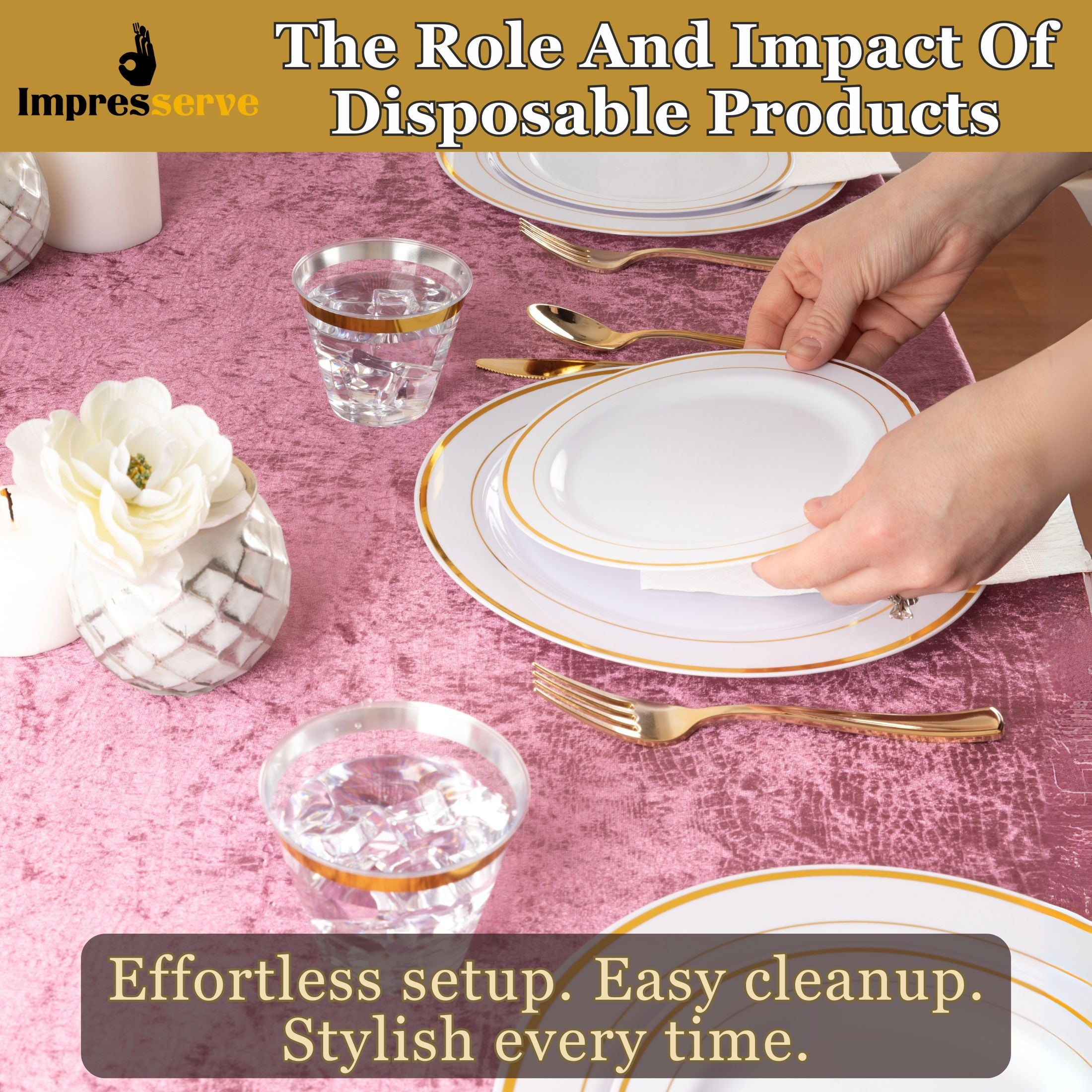 Impresserve Elegant Gold Disposable Plastic Dinnerware Set - 125 Pieces with Plates and Utensils for 25 Guests
