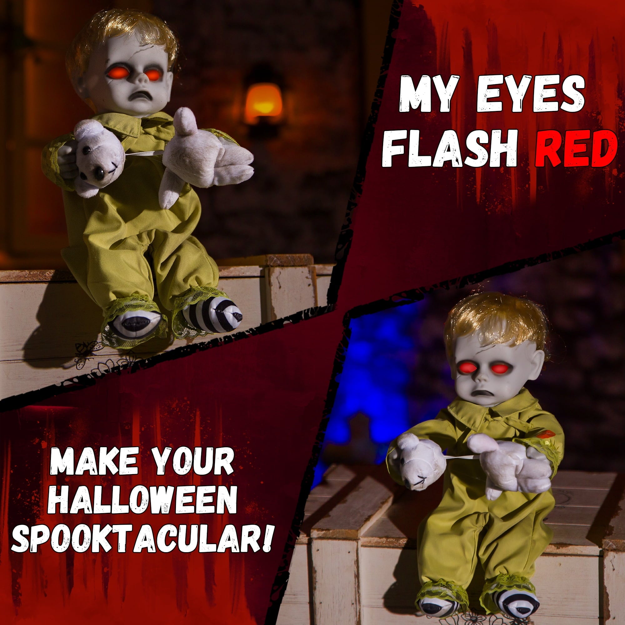 ELAMAS 10 Inch Animatronic Creepy Boy Doll Halloween Animated Decorations with Sound Activated Spooky Sound, Light Up Eyes, Scary Move, Haunted House Holiday Decor Horror Prop for Indoor, Outdoor