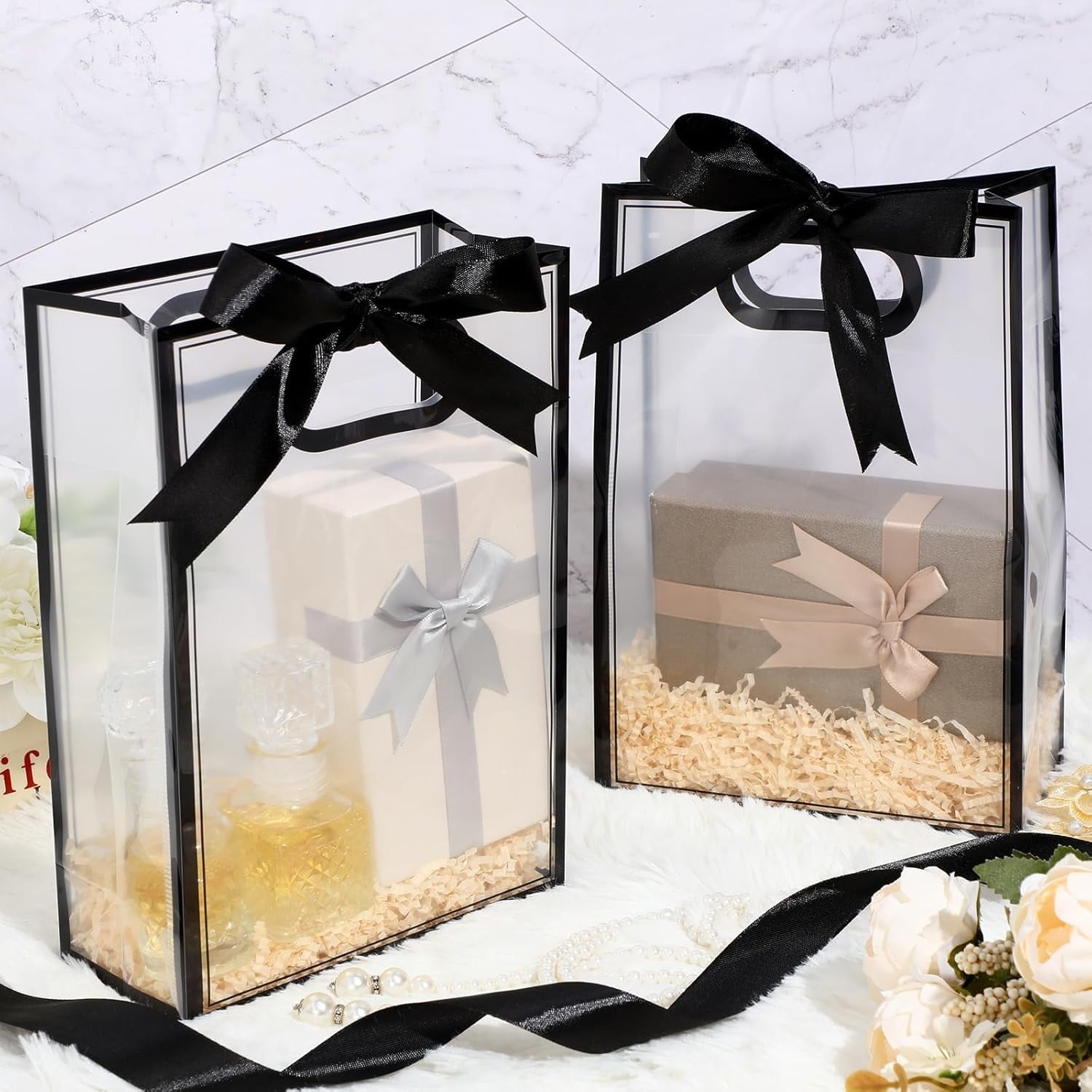 12 Pcs Clear Plastic Gift Bag with Die Cut Handles Reusable PP Favor Bag with Ribbon for Wedding Bridal Christmas Birthday Party Baby Shower Shopping Business, 7x10x3.15 Inch(Black)