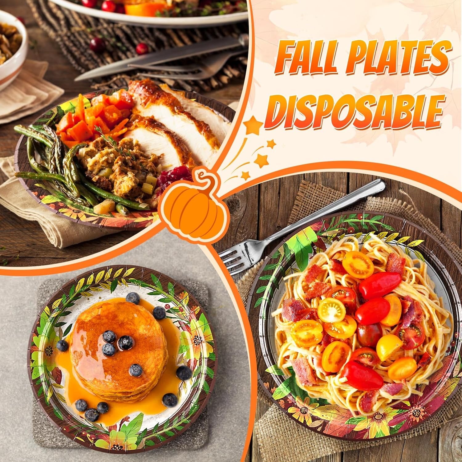 Waipfaru 200 Pcs Fall Paper Plates and Napkins Set, Serves 50,Heavy Duty Disposable Dinnerware for Harvest Thanksgiving Party Supplies