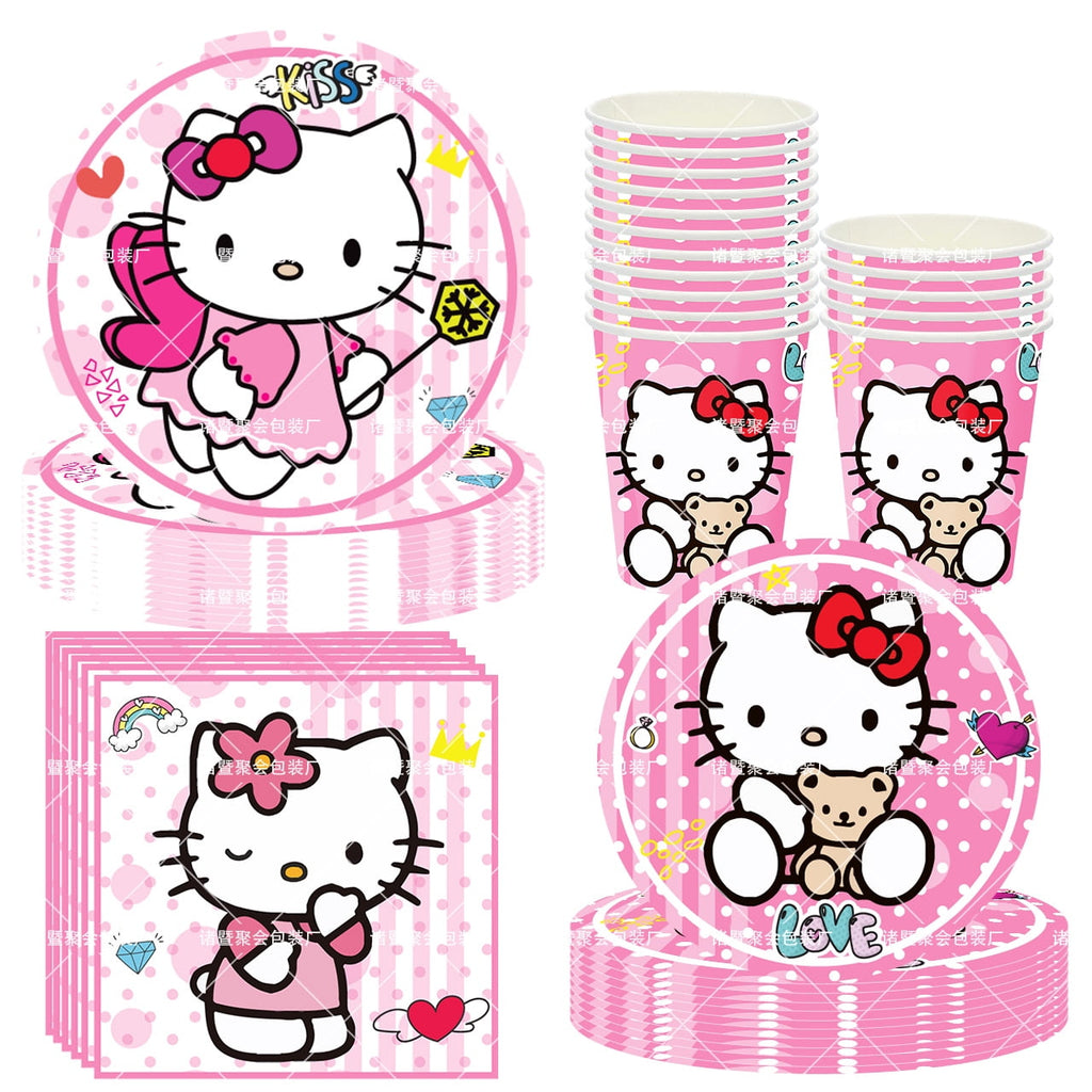 Hello-Kitty 71/81 PCS Party Supplies, Party Tableware, Disposable Paper Plates- Napkins-Forks Dinnerware Set