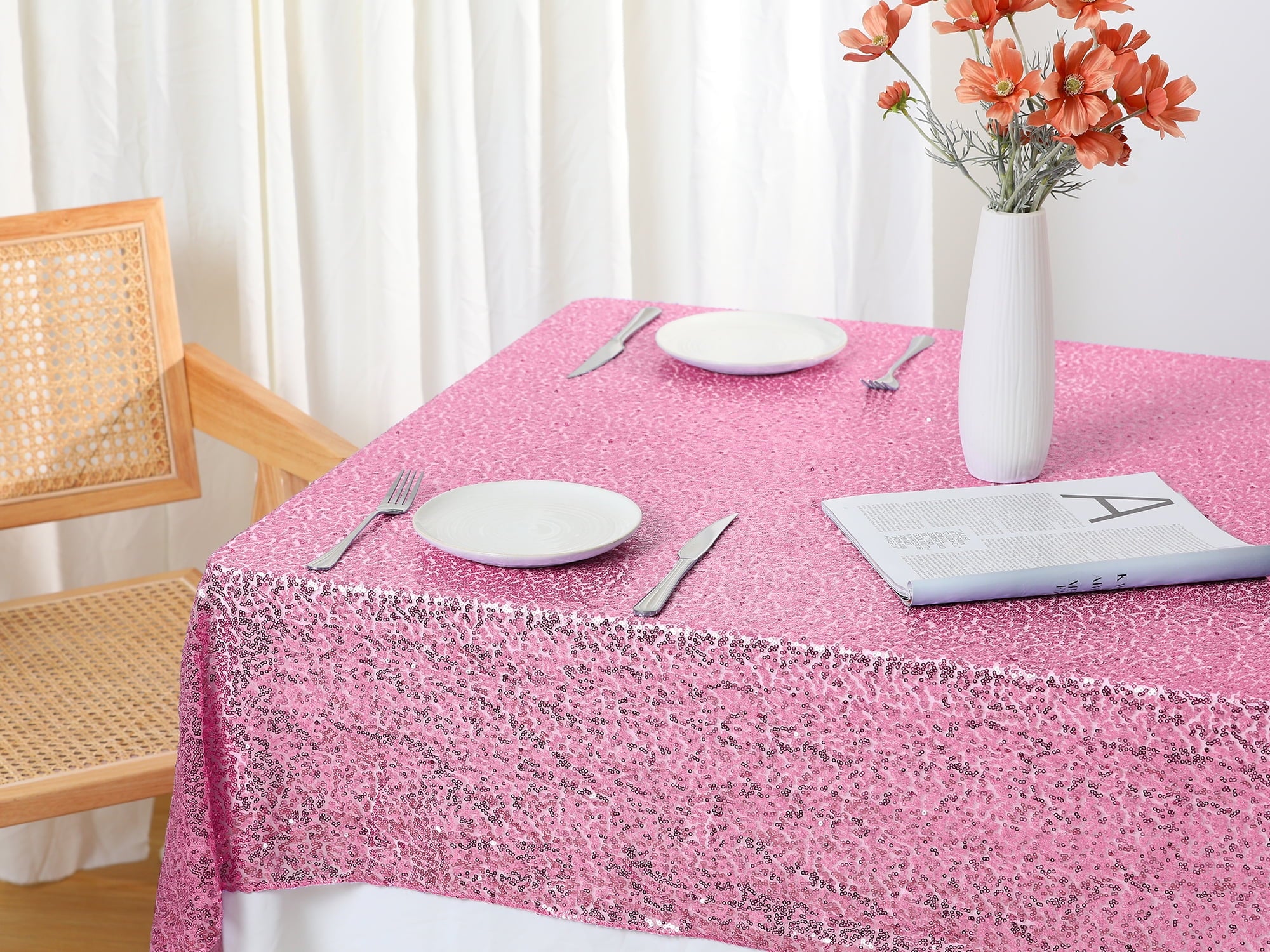 Unique Bargains Sequin Table Covers for Dining Room Parties or Dances Tablecloths Pink 47"x71"