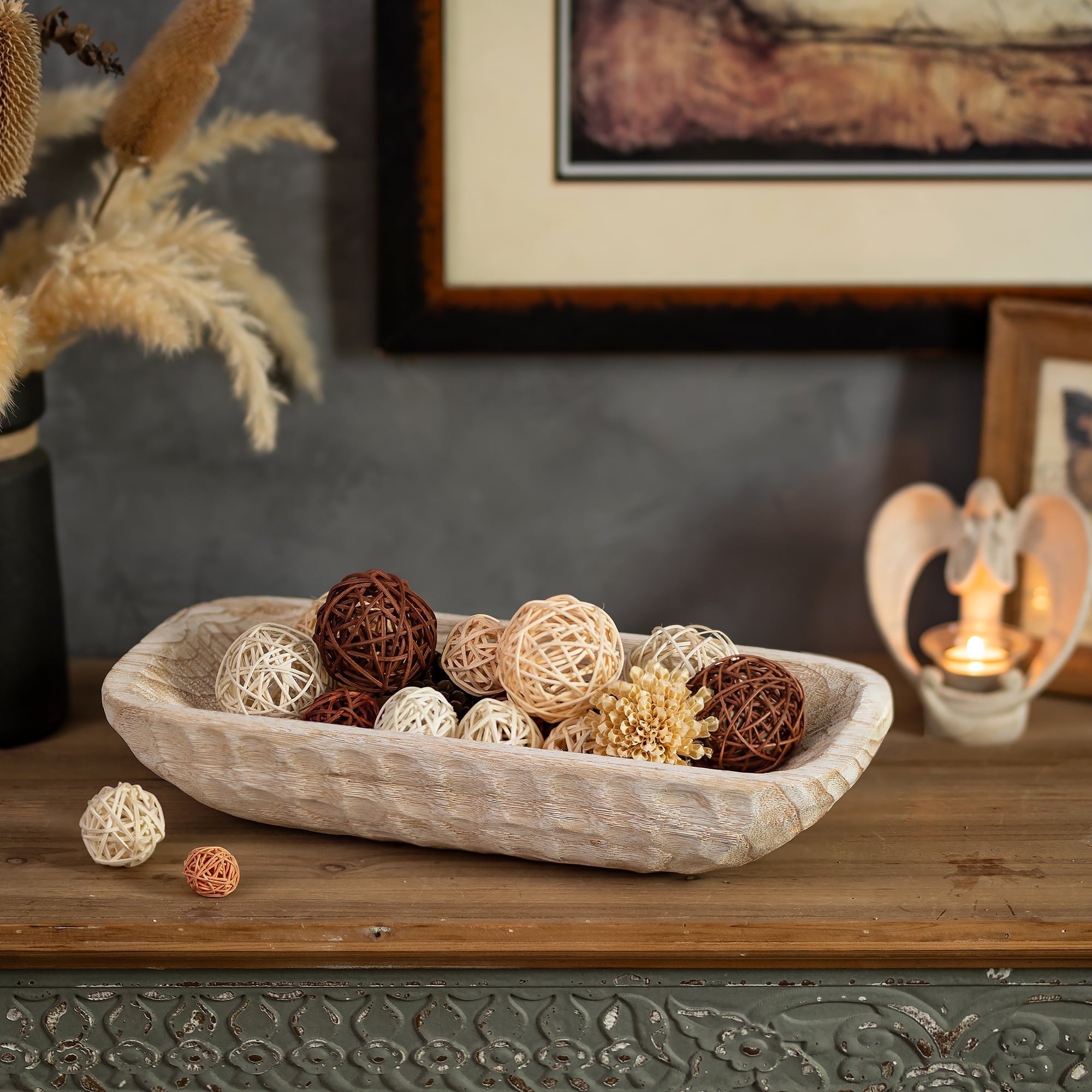 Hanobe Decorative Wood Dough Bowl:  Hand Carved Wooden Key Bowl for Entryway Centerpiece Ball Fillers Home Decor