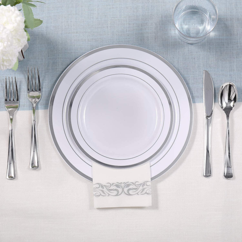 350 Piece Silver Dinnerware Set 50 Guest-100 Silver Rim Plastic Plates-50 Silver Plastic Silverware-50 Silver Plastic Cups-50 Linen Feel Silver Paper Napkins,FOCUSLINE Disposable Dinnerware Set