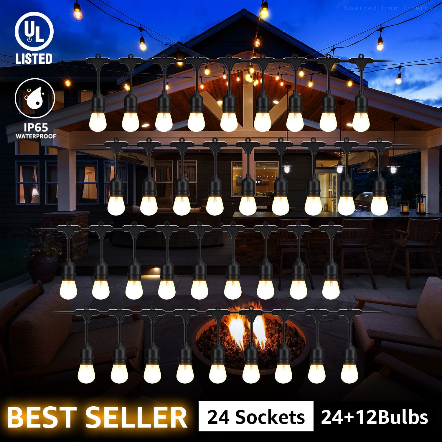 TORCHSTAR 50ft Outdoor Patio String Lights 24 Bulbs + Extra 12 Bulb Extendable Retro Style Hanging Lights for Festivals & Events, 24 Sockets, Weatherproof Commercial Grade, Garden, Balcony, Entrance
