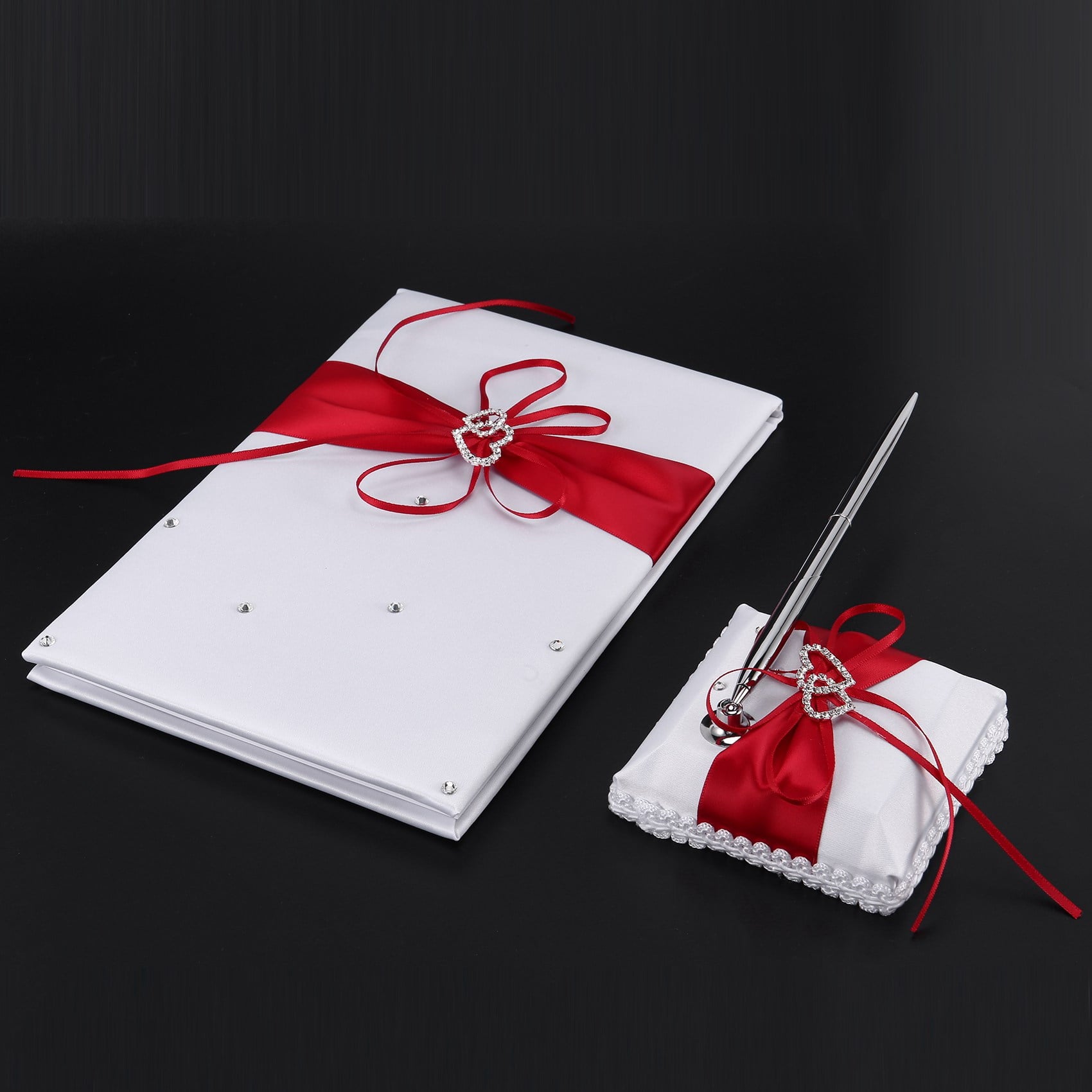 Wedding Guest Book With Pen Holder Sets Satin Bows Signature Book With Diamonds Love Shape For Decorations-Red+White