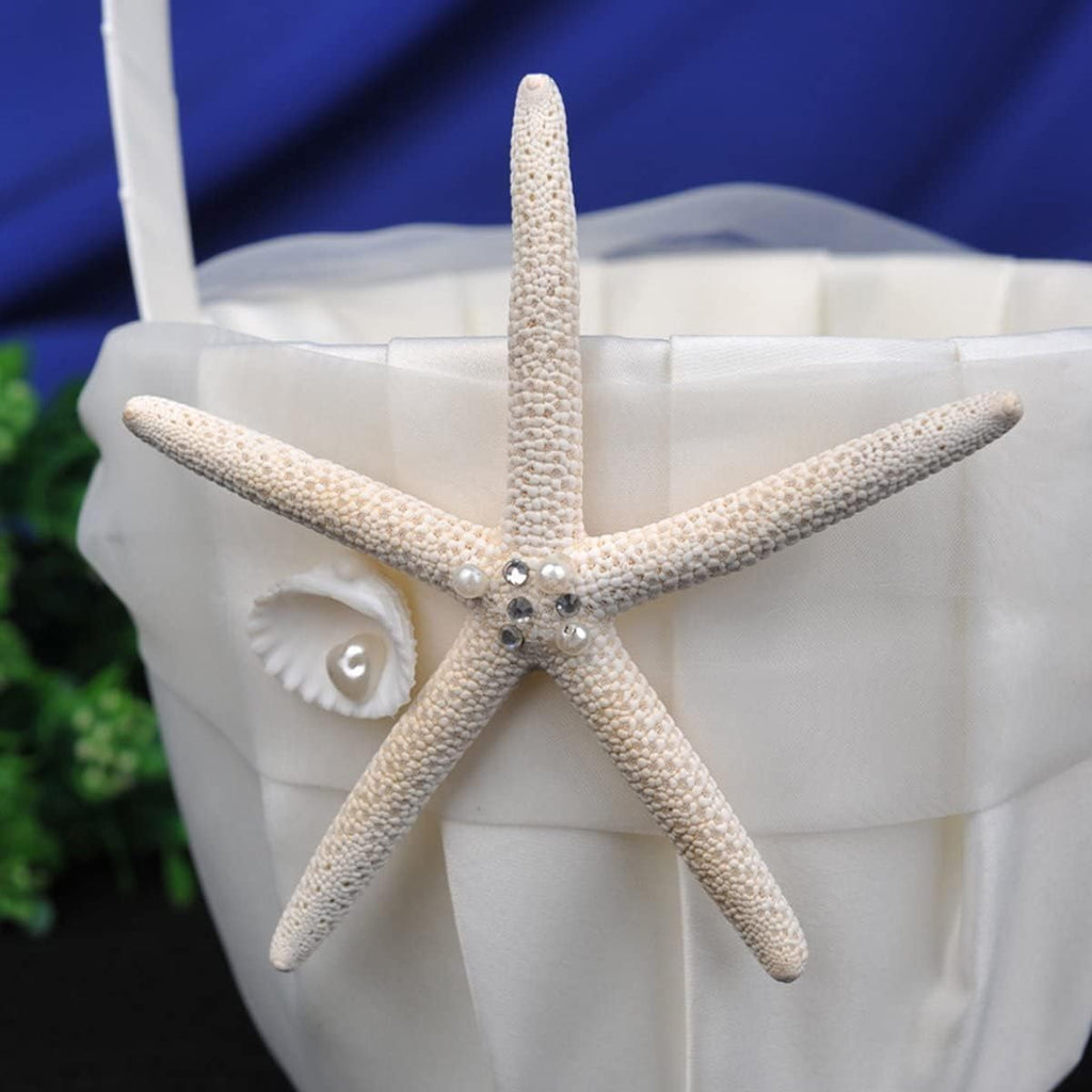 4Pcs Starfish Shell Satin Wedding Supplies Set Flower Girl Basket + Ring Bearer Pillow + Guest Book + Pen Set Holder for Bridal Wedding Shower Ceremony Anniversary Celebrations Party Decorations