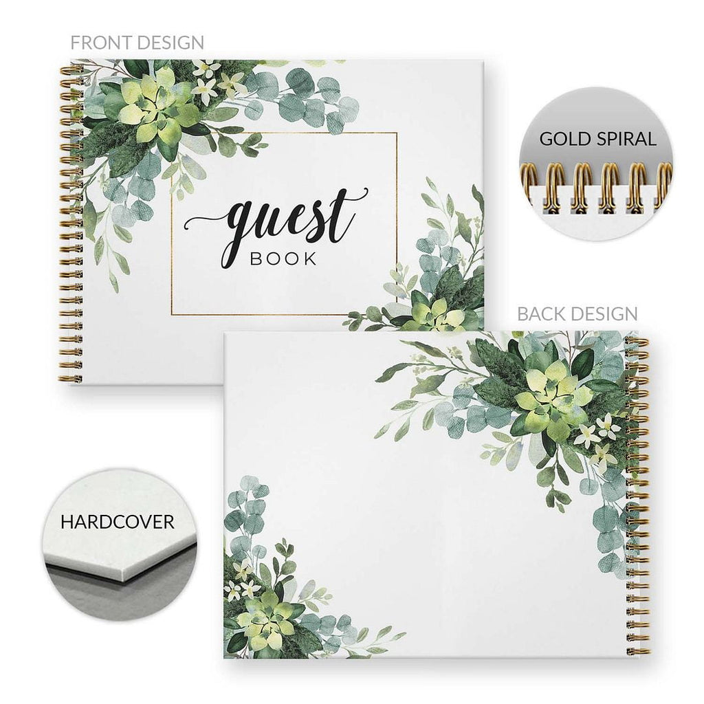 Hardcover Lush Greenery Wedding Guestbook / 120 Lined Guest Signature Pages Inside / 11" x 8.5" Landscape Lay Flat Event Guest Book/Gold Metal Spiral Binding