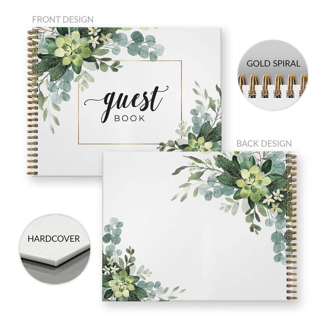 Hardcover Lush Greenery Wedding Guestbook / 120 Lined Guest Signature Pages Inside / 11" x 8.5" Landscape Lay Flat Event Guest Book/Gold Metal Spiral Binding