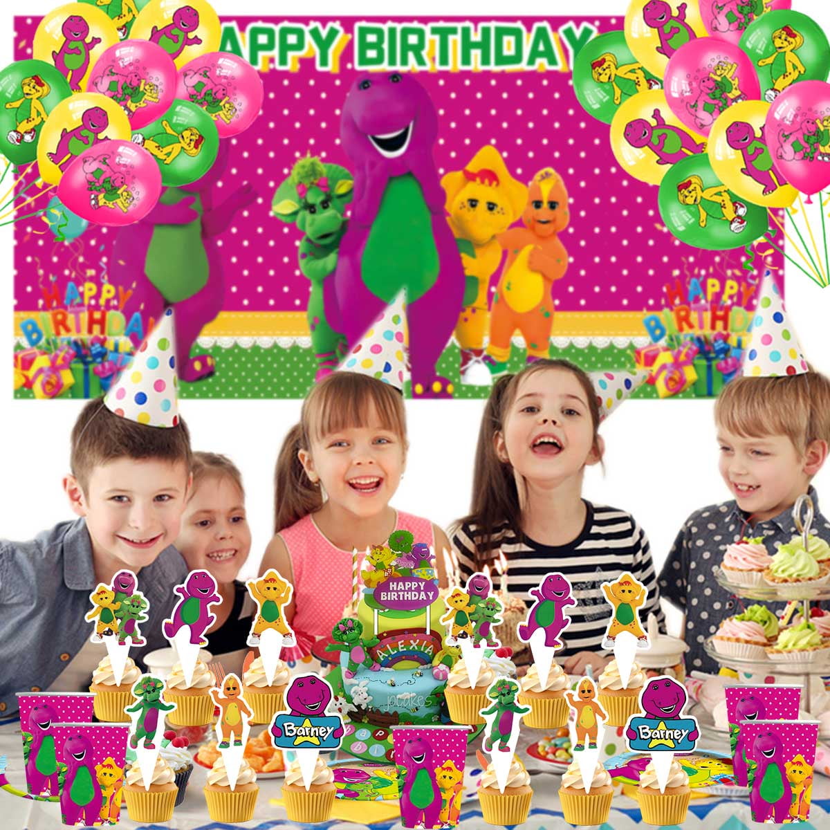 Barney and Friends Birthday Party Supplies Balloons Plates Decoration Cake Topper Decor Tableware Banner Backdrop