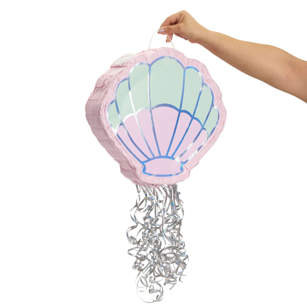 Pull String Seashell Pinata - Mermaid Birthday Decorations, Under The Sea Party Supplies (Small, 13"L x 3"W x 14"H), For Ages 3+