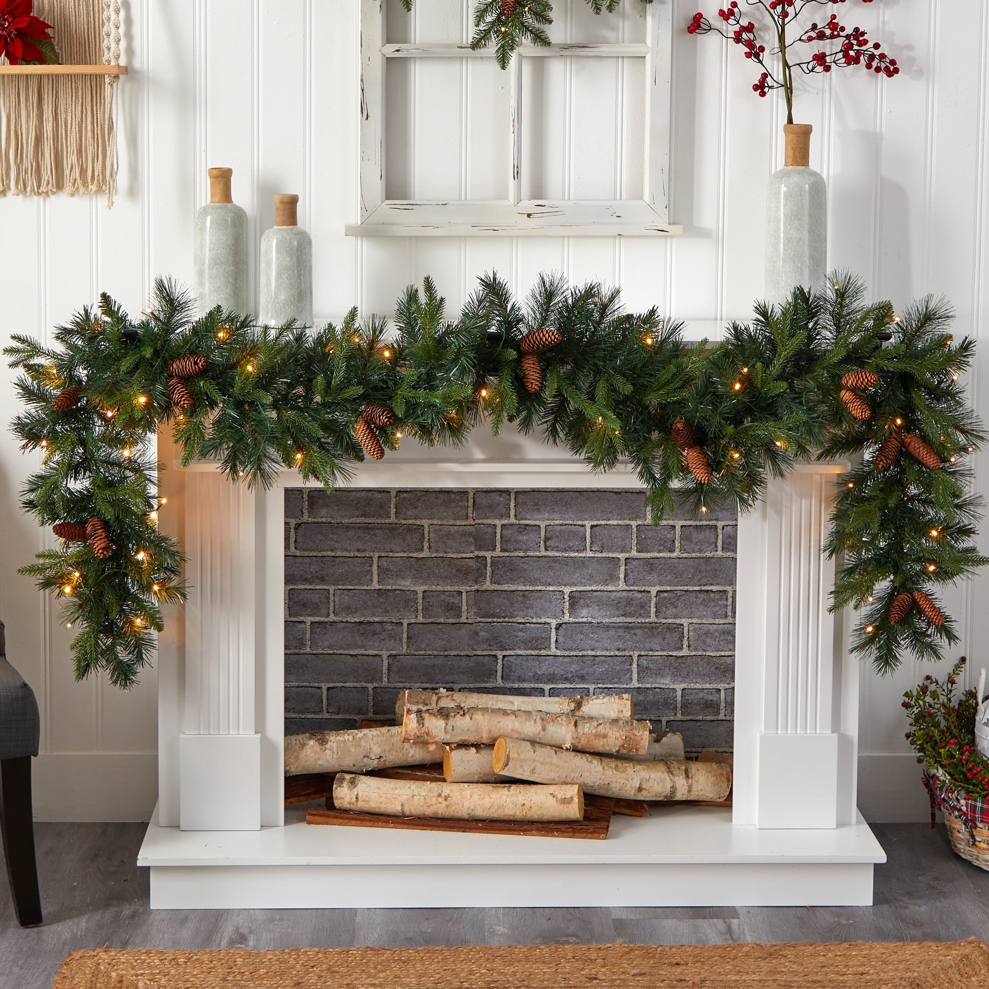 Nearly Natural Mixed Extra Wide Pine White Prelit LED Battery Operated Garland, with 286 Bendable Branches 108" (Green)