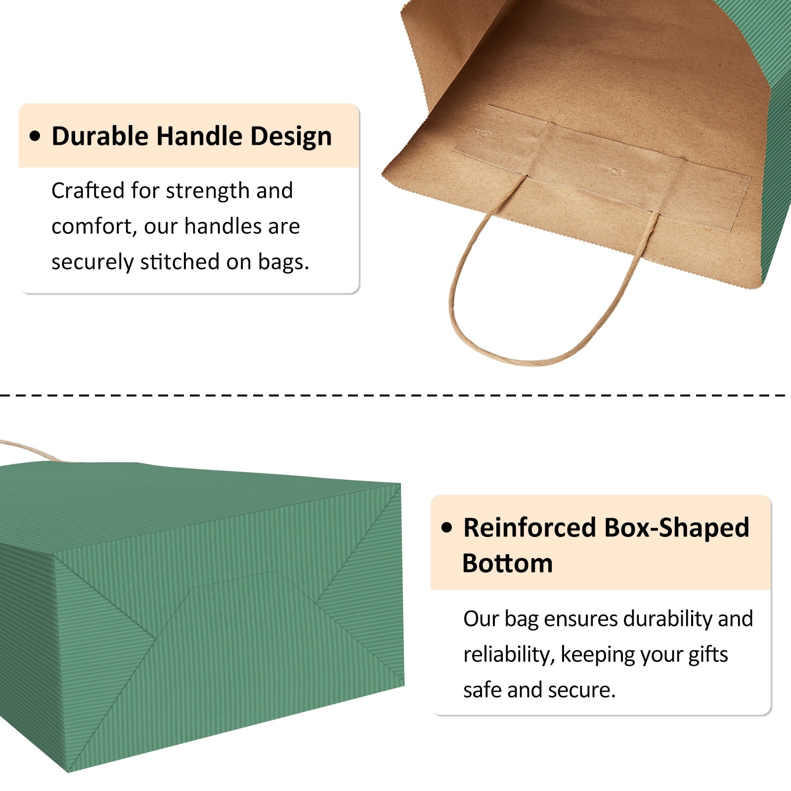BagDream 100 Pack Green Gift Bags with Handles Small Kraft Paper Bags for Birthday, Christmas, Gifts, Holidays, 5.25x3x8inches