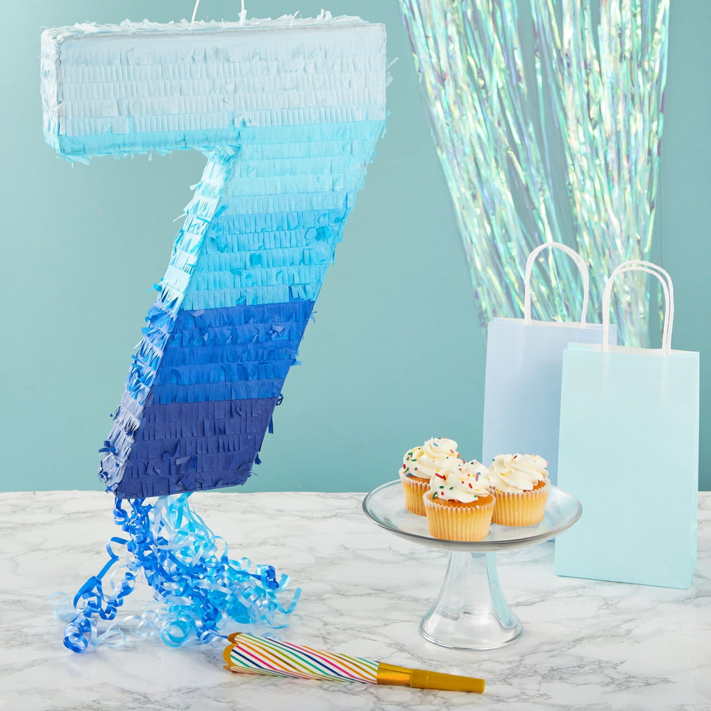 BLUE PANDA Ombre Blue Number 7 Pull String Pinata, Party Game for Kids Ages 3-14, Fillable Hanging Decoration for Birthday Decorations, Holds Candy, Toys & Confetti (16.5 x 11.35 In)