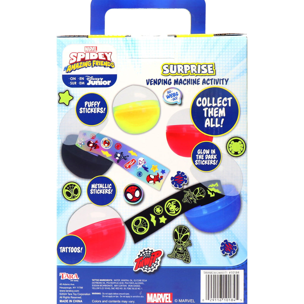 Tara Toy: Surprise Vending Machine: Spidey & His Amazing Friends - 12 Capsules, Sticker & Tattoo Rolls, Puffy & Metallic, Glow-In-The Dark, Kids 3+
