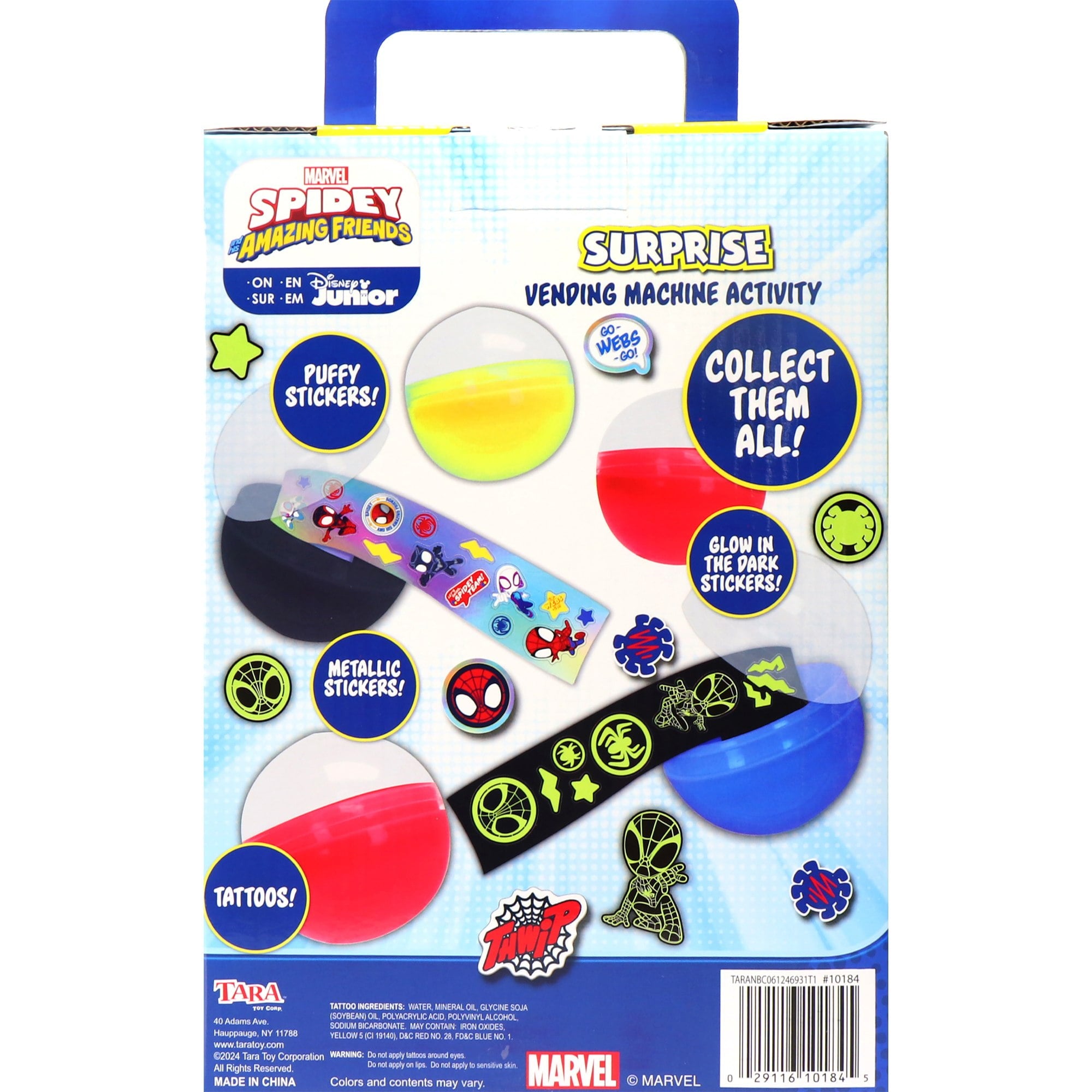 Tara Toy: Surprise Vending Machine: Spidey & His Amazing Friends - 12 Capsules, Sticker & Tattoo Rolls, Puffy & Metallic, Glow-In-The Dark, Kids 3+
