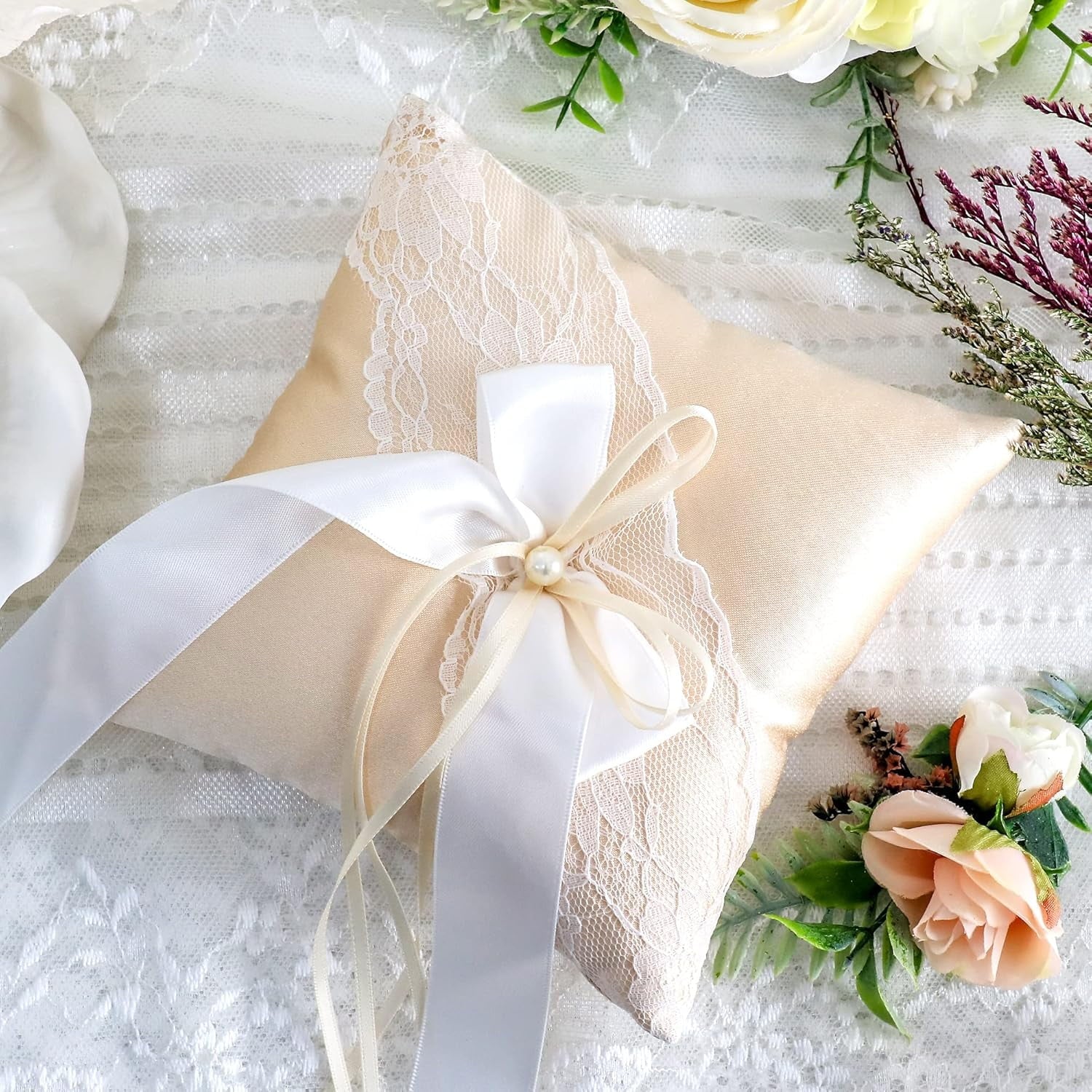 Stain Ring Bearer Pillows Faux Pearl Ribbons Bow Wedding Ring Pillows for Bridal Wedding (Champagne) Champagne 1 Count (Pack of 1)