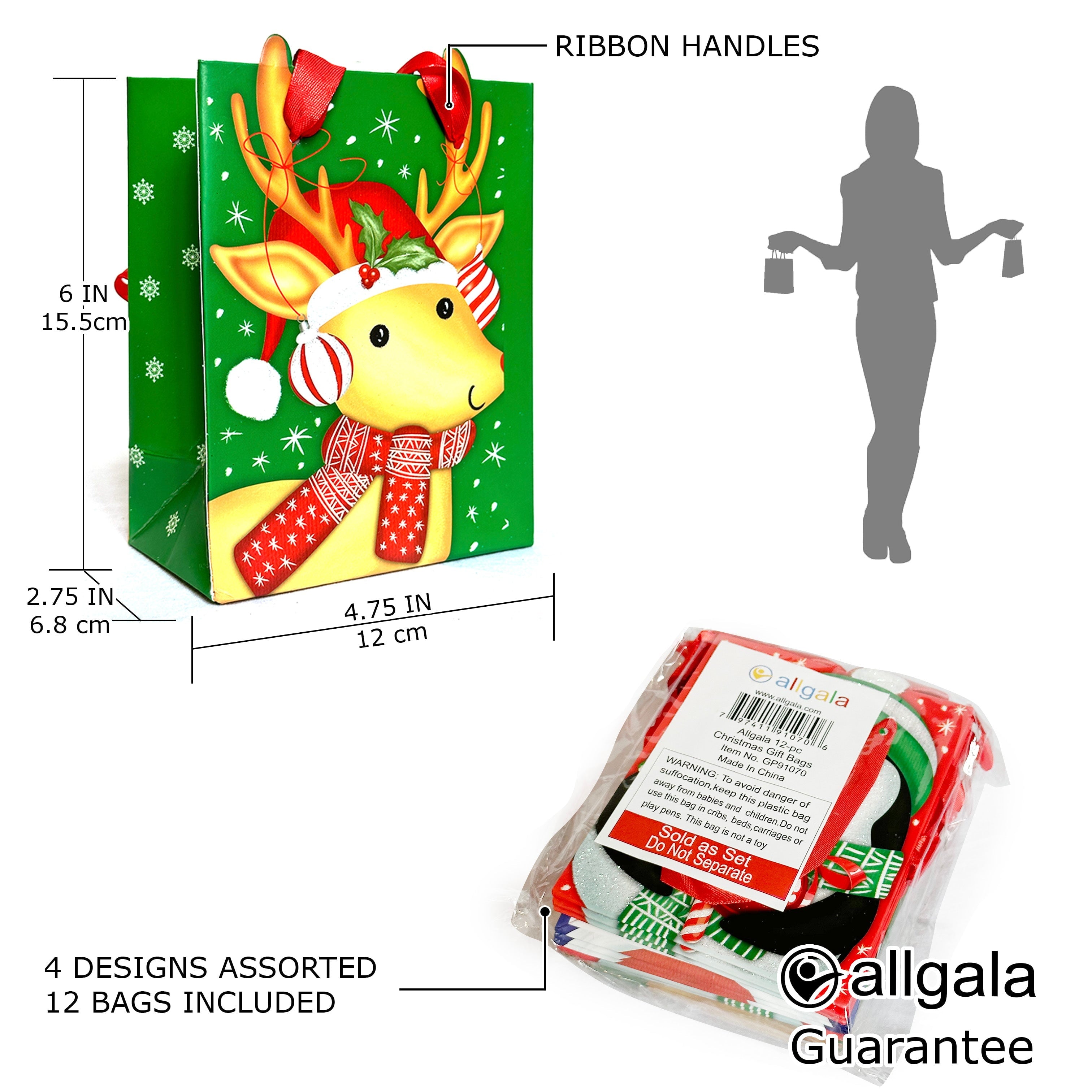 Allgala 12-PC (15.5x12 inch) Premium Vivid Cartoon Design Glitter Chritmas Gift Bag-GP91073