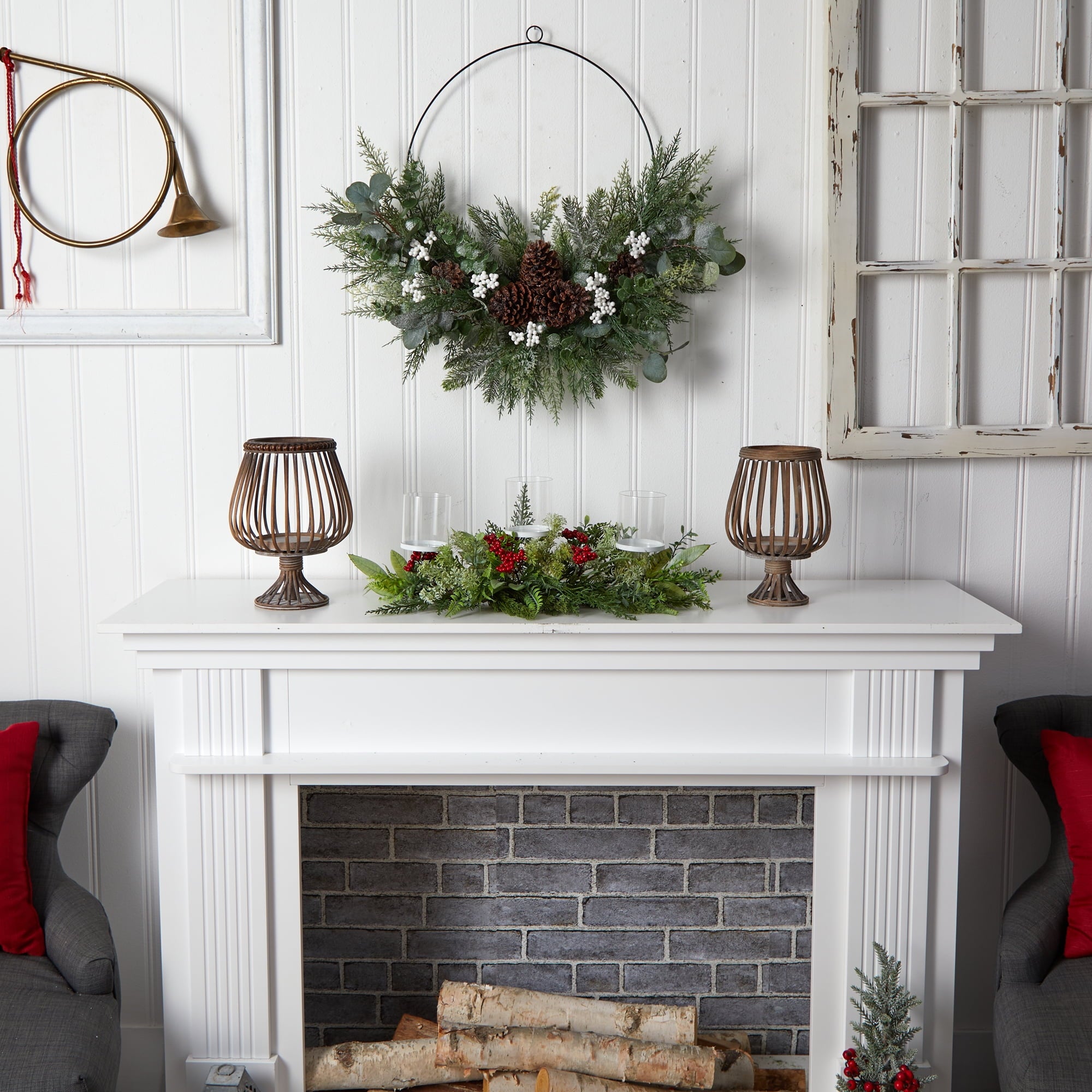 Nearly Natural 20" Holiday Winter Greenery and Berries Triple Candle Holder Artificial Christmas Table Arrangement