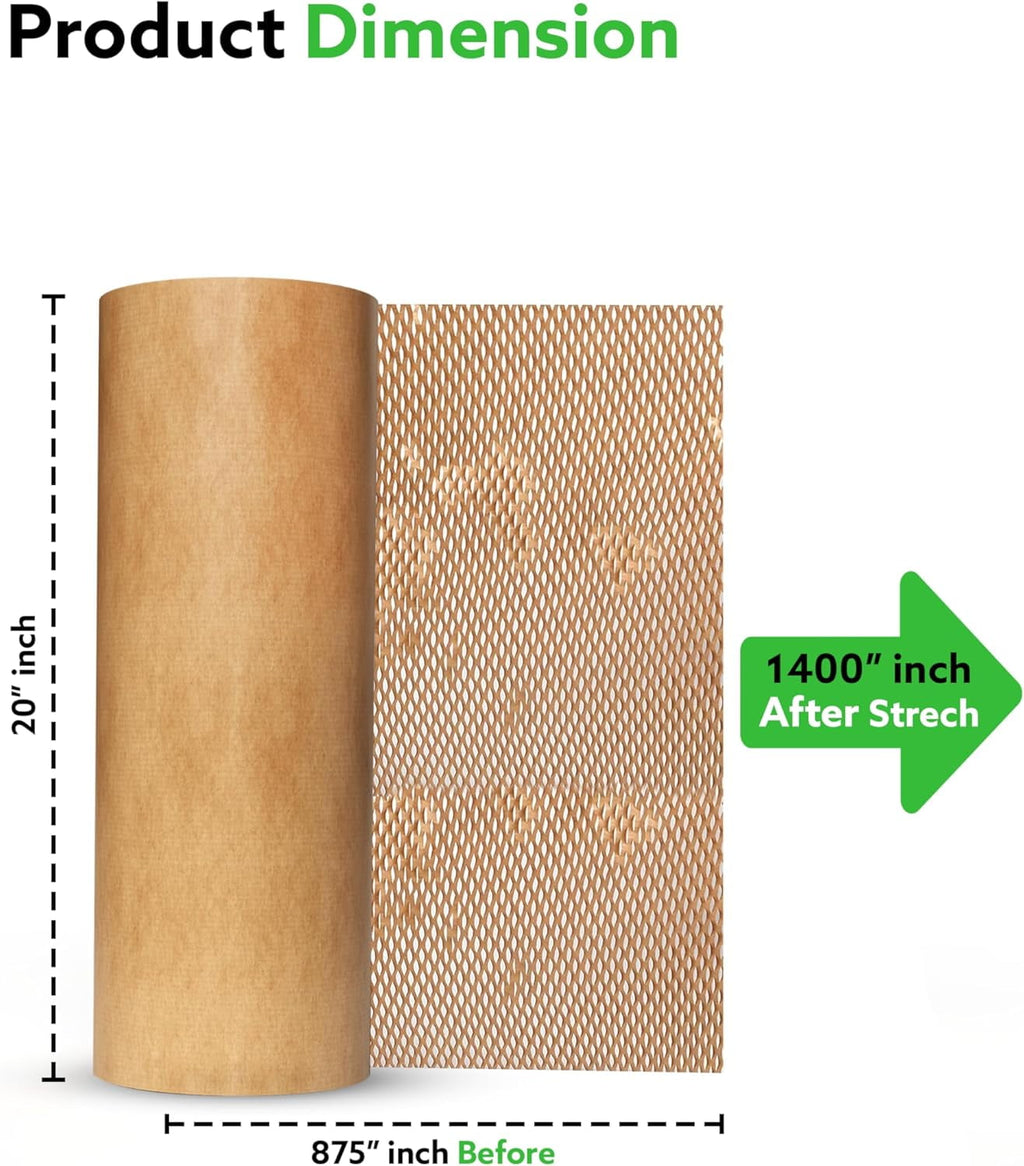 Pacron Recyclable Honeycomb Packing Paper Roll - Brown Kraft Wrapping Paper for Gifts & Products - Eco-Friendly Alternative to Bubble Wrap - Biodegradable & Compostable - Made in USA (20'' x 875'')