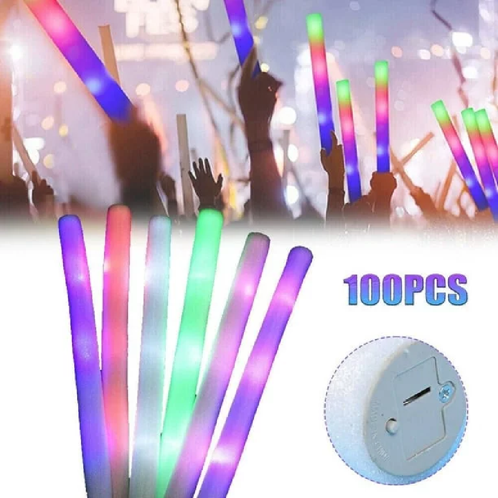 (2 pack) LED Light up 16 inch Multicolor Glow Foam Stick Cheer Tube Soft Batons - Pack of 100 by Partyglowz