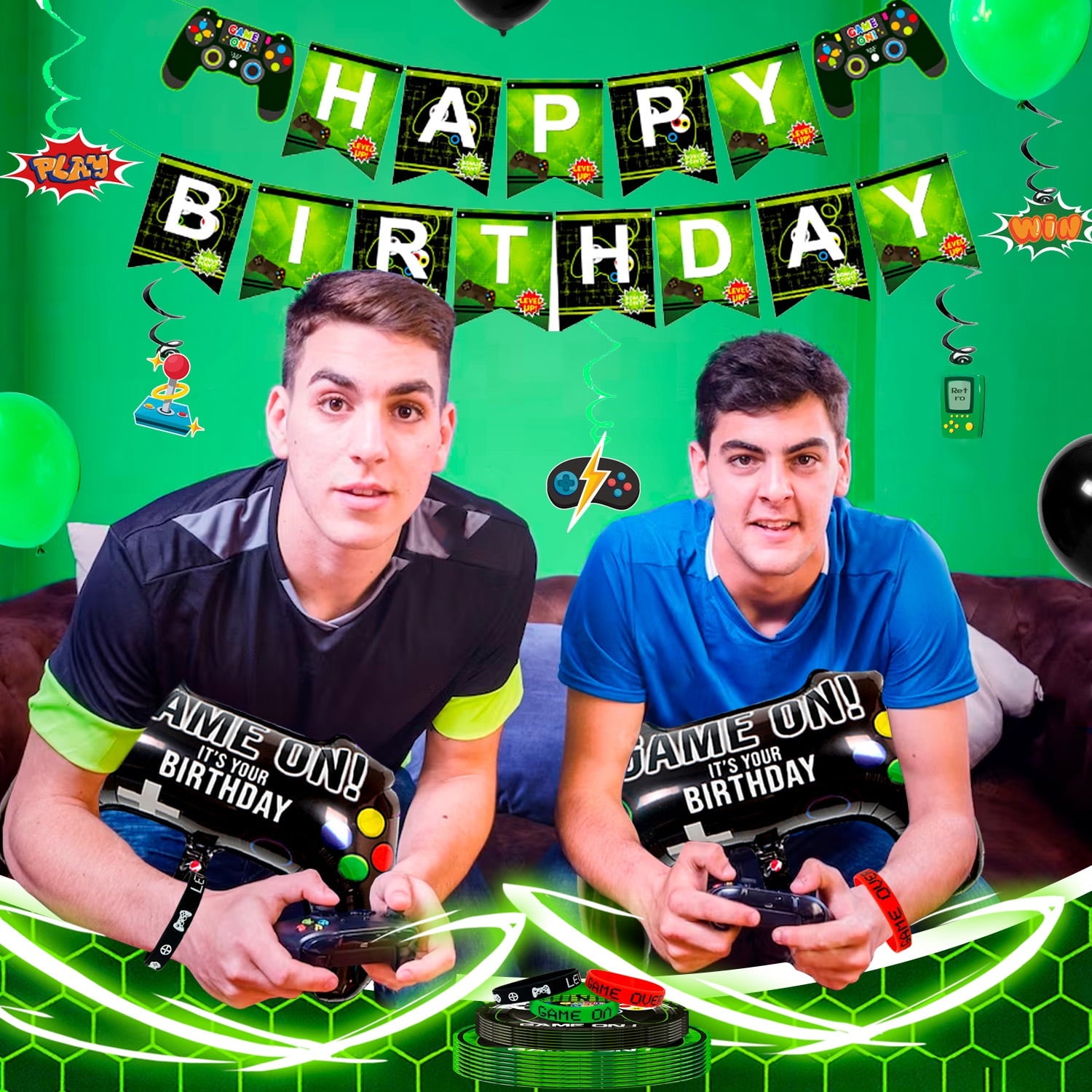 Gaming Birthday Party Supplies for Boys,132pcs Video Game Party Decorations&Tableware Set - Gaming Decorations Plates Cups Tablecloth Balloons Banner Cake Topper etc Game On Birthday Party Supplies