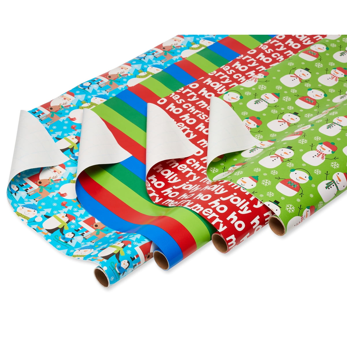 American Greetings 120 sq. ft. Christmas Wrapping Paper Set, Santa, Snowmen, Stripes and Christmas Text (4 Rolls 30 in. x 8 ft., 7 Bows, 30 Gift Tags)