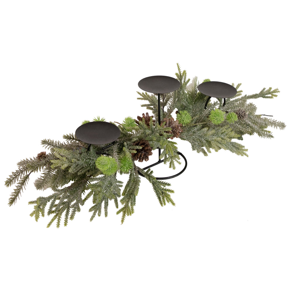 Northlight Triple Candle Holder with Frosted Foliage and Pine Cones Christmas Decoration - 26"