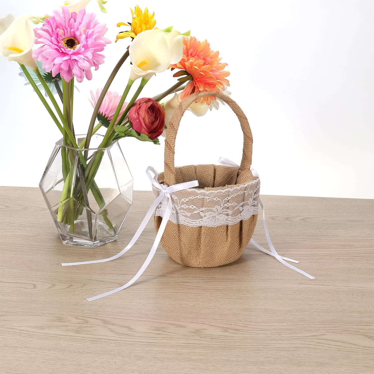 Raindrops 2pcs Set of 6*6'' Generic Burlap Jute & Lace Flower Basket Ring Bearer Pillow Cushion Rustic Country Wedding
