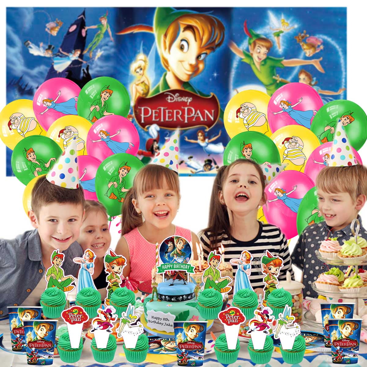 Peter Pan Balloons Party Supplies Decorations Plates Banner Cake Topper Tableware Birthday Decor