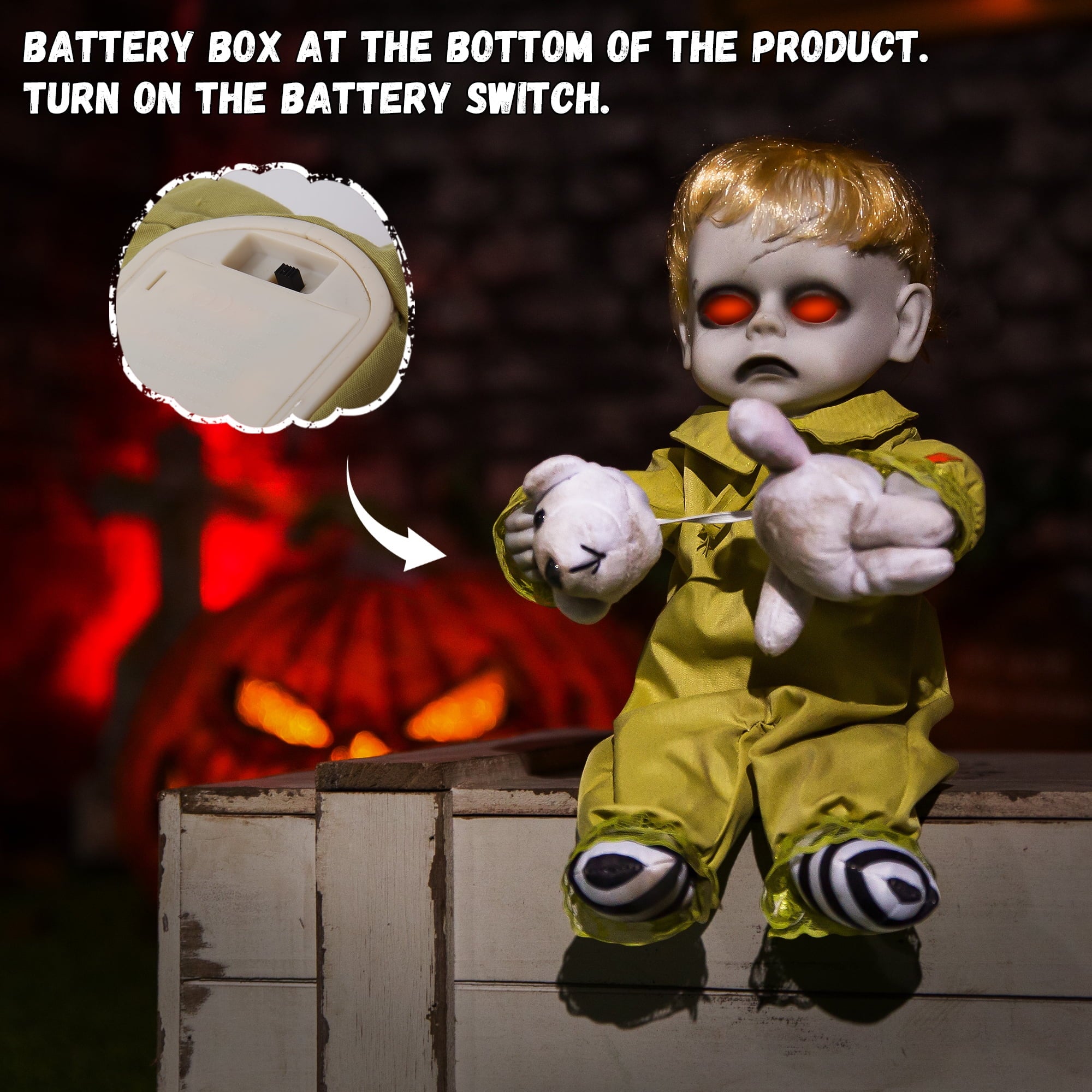 ELAMAS 10 Inch Animatronic Creepy Boy Doll Halloween Animated Decorations with Sound Activated Spooky Sound, Light Up Eyes, Scary Move, Haunted House Holiday Decor Horror Prop for Indoor, Outdoor