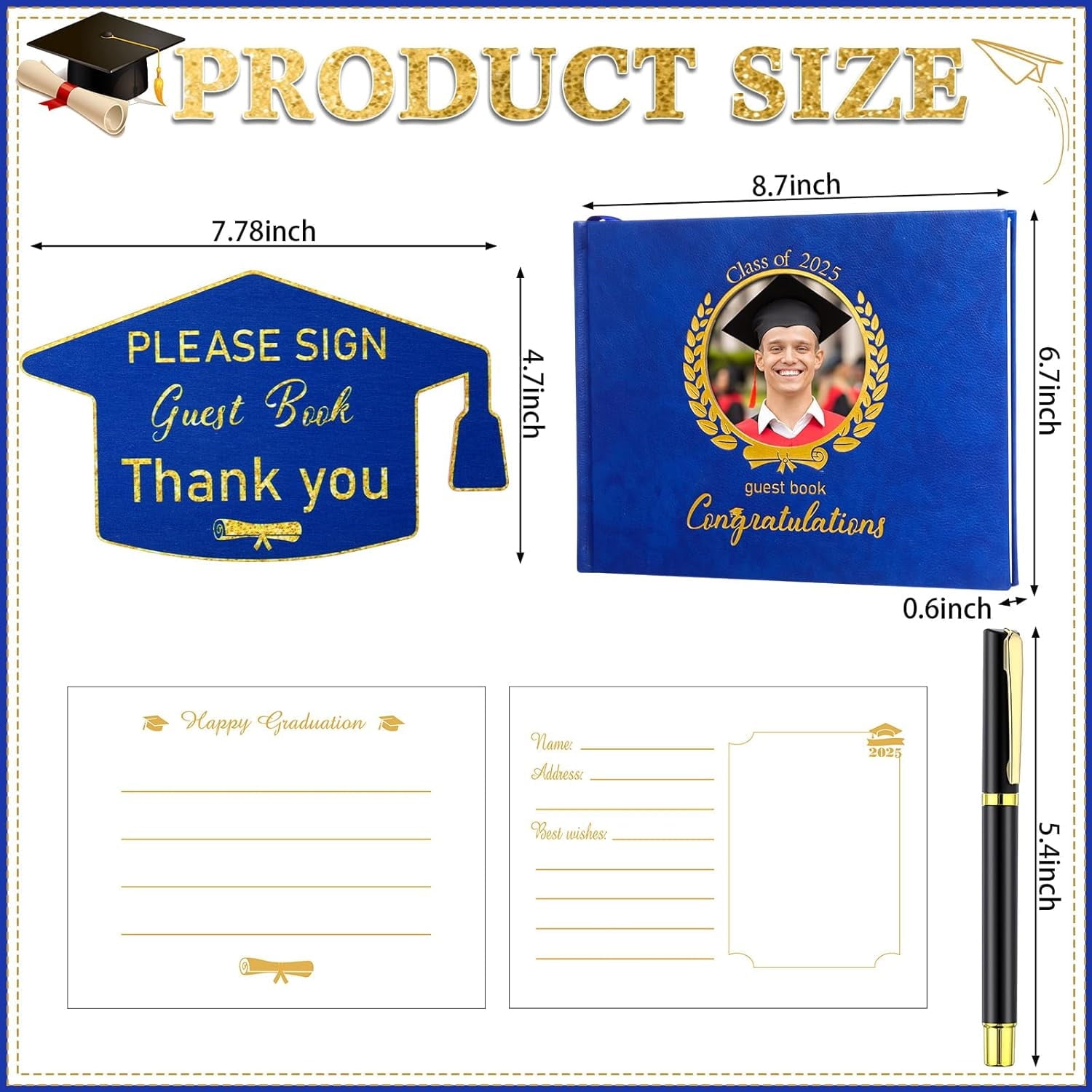 Leather Graduation Guest Book with Grad Stand and Signature Pen Guest Sign in Book 2025 Grad Memory Registry Guestbook for College High School Graduation Party Gifts Supplies(Black Gold)