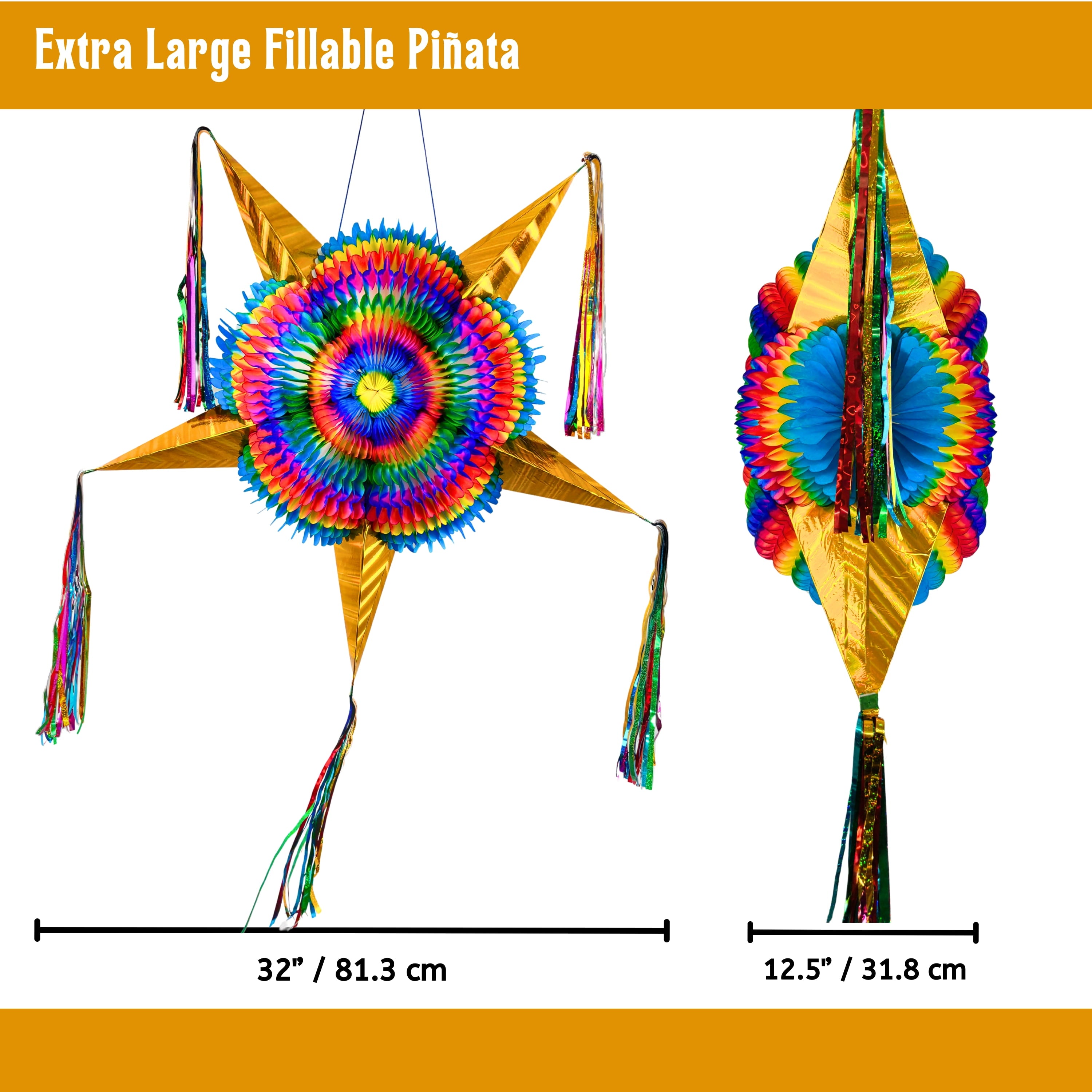 Extra Large 32" Pinata, Mexican Star with Gold Cones and 30-ft Rope - Handmade, Foldable Piñata for Birthday Parties and Mexican Fiestas