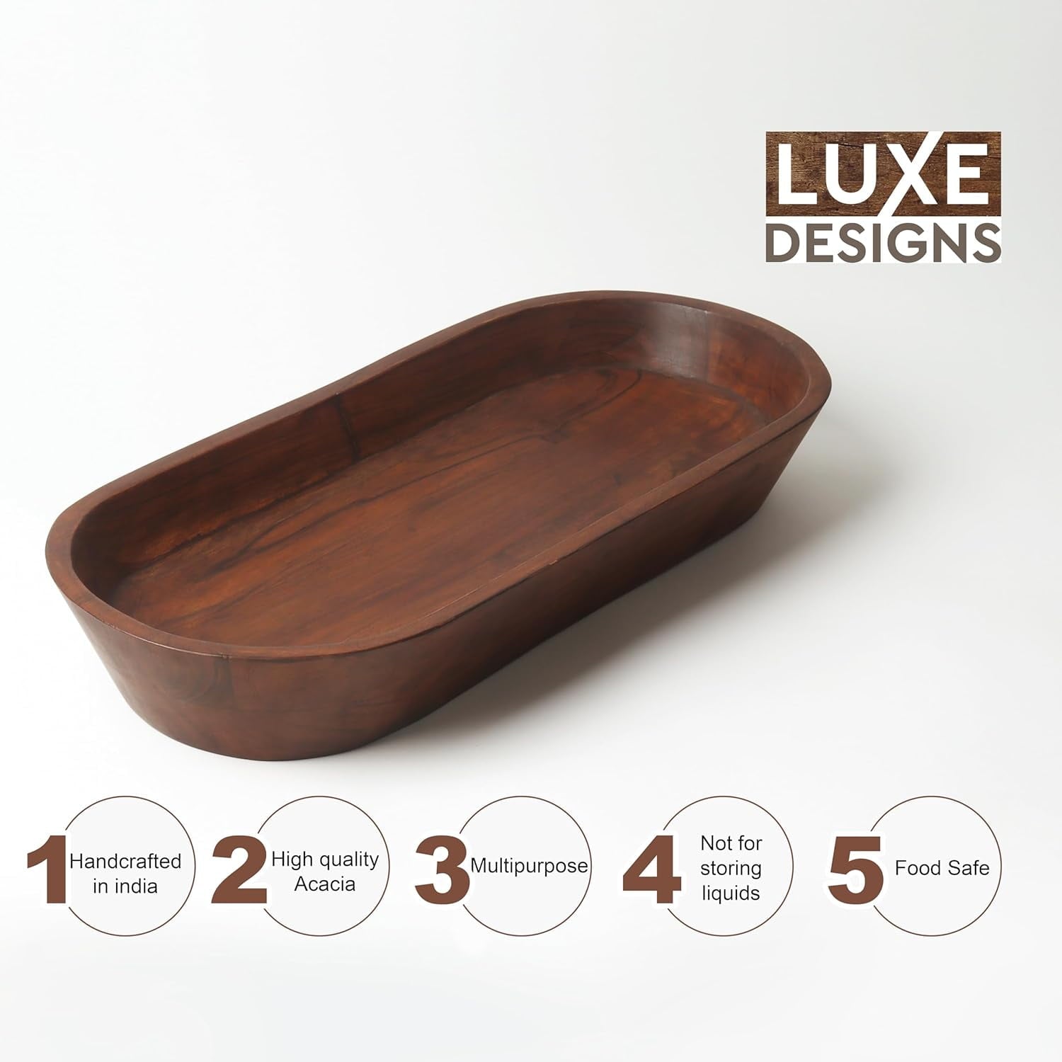 Large Wooden Dough Bowl - Dark Burnt Acacia Wood Dough Bowl - Handmade Decorative Bowls for Home Decor, Bathroom, Kitchen Counter, & More - Large Dough Bowl for Decor, Cosmetics, Keys, & More