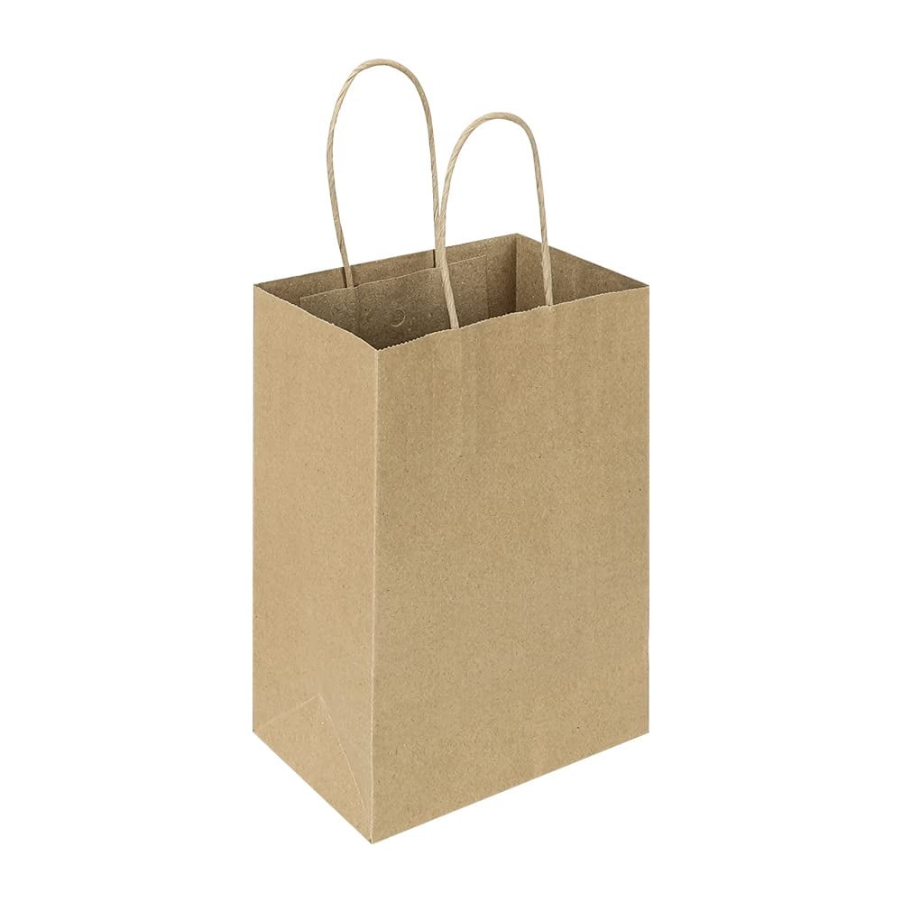 100pcs 5.25x3.25x8.25 Inch Small Plain Natural Paper Gift Bags with Handles Bulk, Kraft Bags for Birthday Party Favors Grocery Retail Shopping Business Goody Craft Bags Cub (Brown 100 Count)