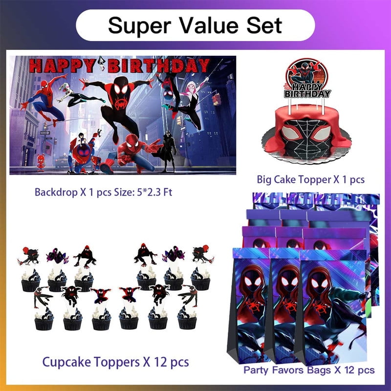 Spider Miles Morals Goodie Bags Treat Candy Decorations Party Favor Supplies Birthday Cake Topper Backdrop Banner