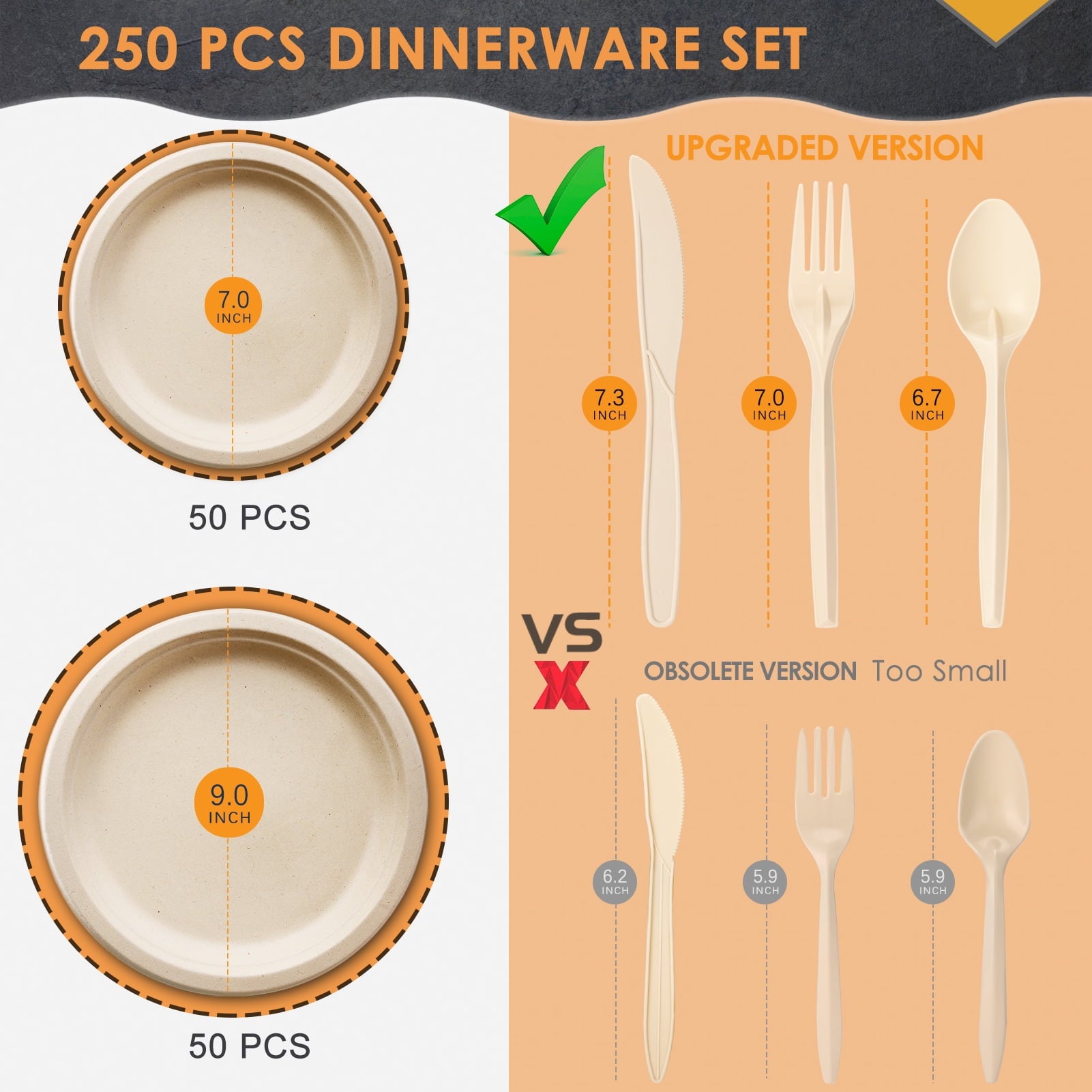 Gezond 250Pcs Disposable Paper Plates Set, Compostable Plate Sugarcane Utensils Eco Friendly Dinnerware Kit Includes 50 Biodegradable Plates, Forks, Knives and Spoons