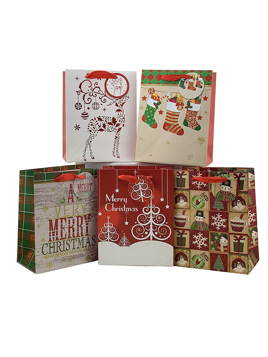 Christmas Gift Bags Assorted Sizes - Set of 15, Bulk, Large, Medium, Small, Handles, Gift Tags Included, Festive Holiday Gift Wrapping