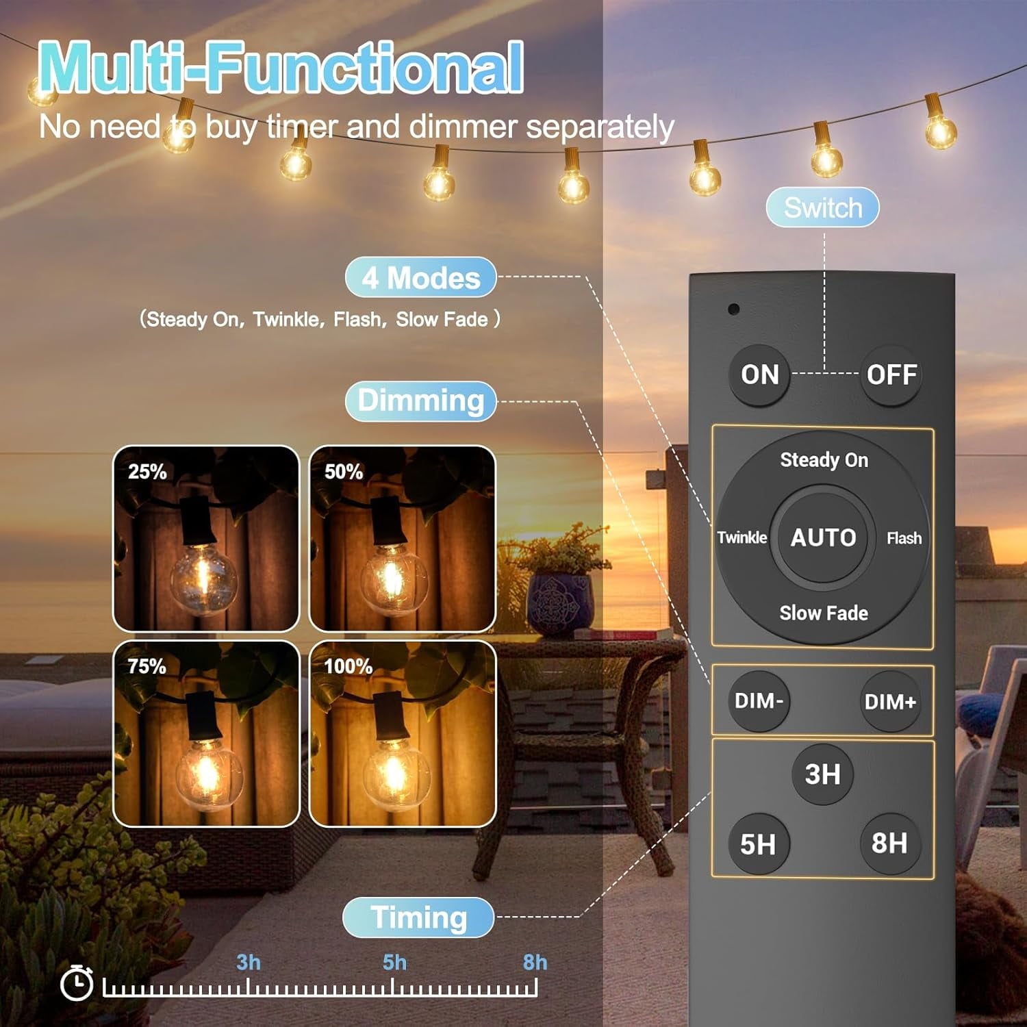 Quntis 111FT Outdoor Solar String Lights with Remote+Timer, 50+2 Bulbs Dimmable Solar String Lights 4 Lighting Modes IP65 Waterproof with USB C Port for Garden Patio Yard Festival Camping